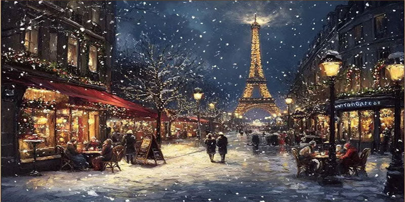 Paris Winter Night Snow Painting, Modern Romantic City #TB 081