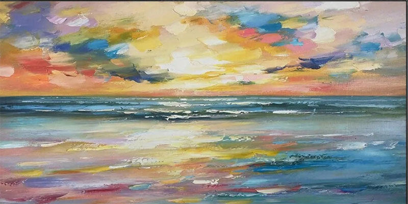 Colorful Sunset Seascape Art - Textured Ocean Oil Painting #JJ 192