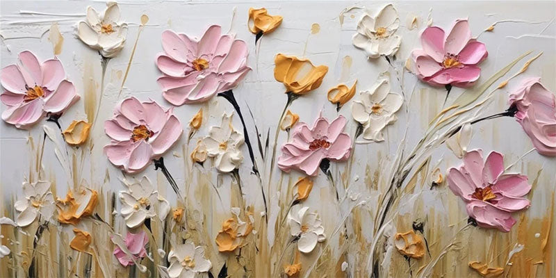 Modern Textured Meadow Art | Pink & White Flower Painting #JJ 304