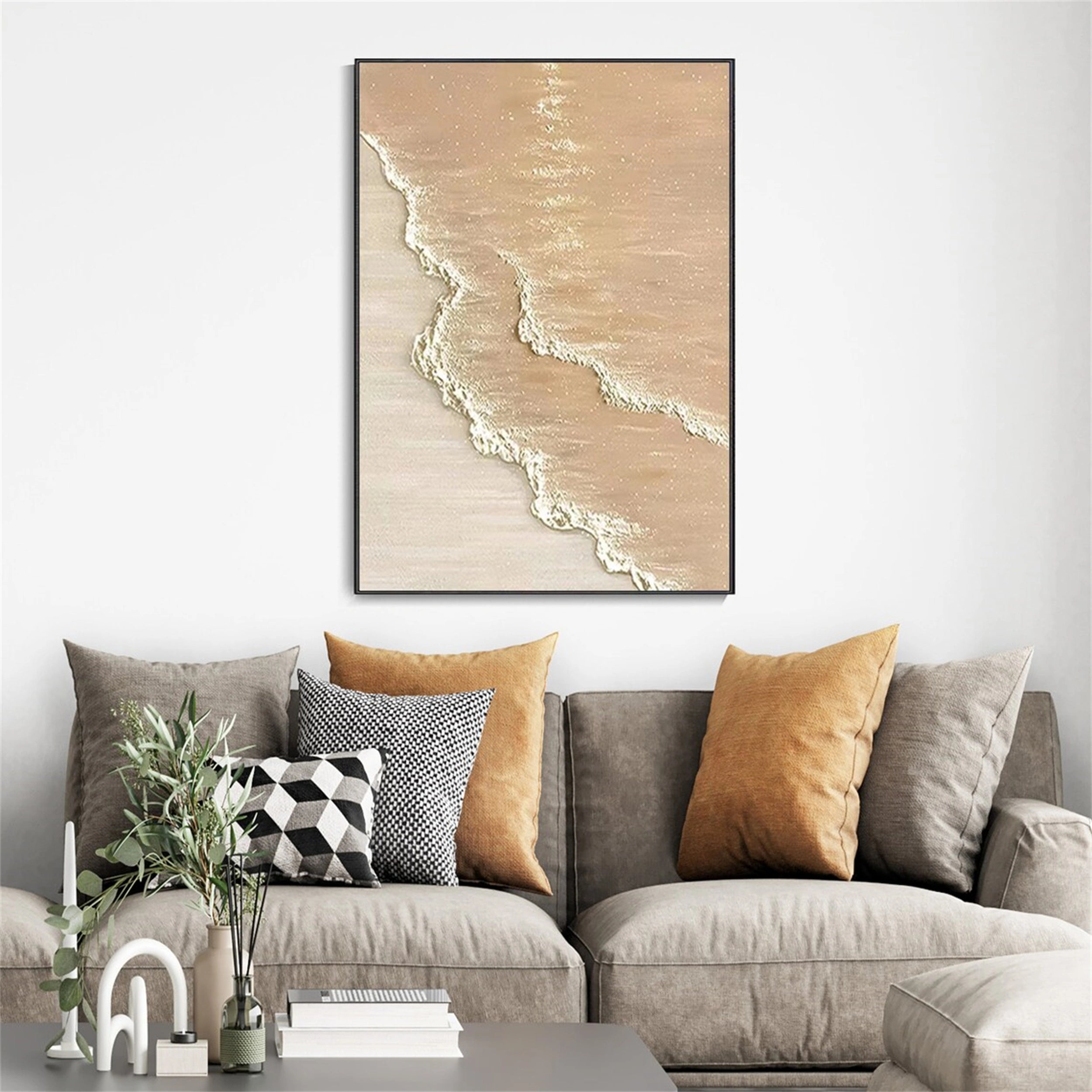 Calm Coastal Sand Textured Abstract - Beige and White Minimalist Oil Painting # JJ 133
