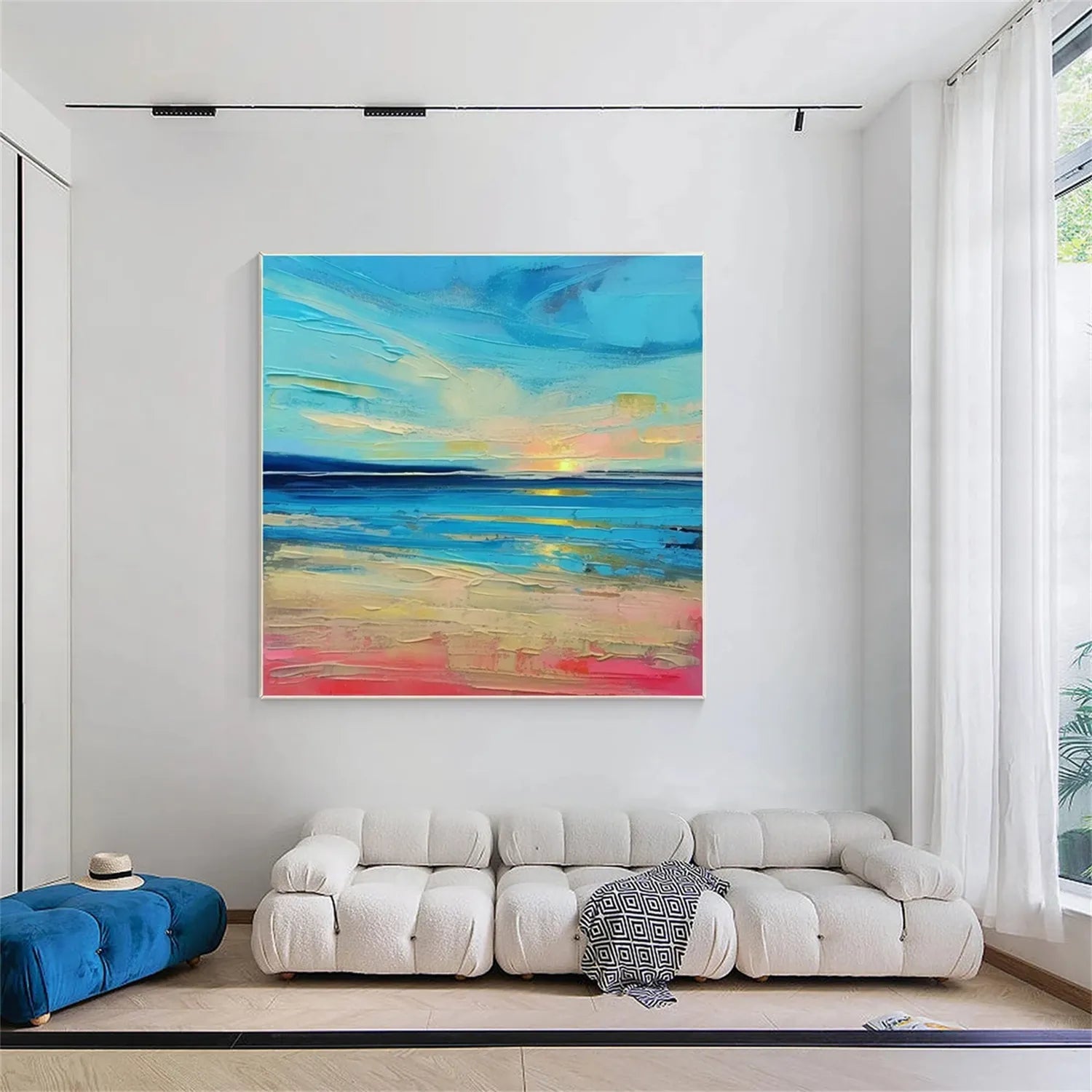 Bright Coastal Abstract Art - Sunrise Seascape Textured Oil Painting