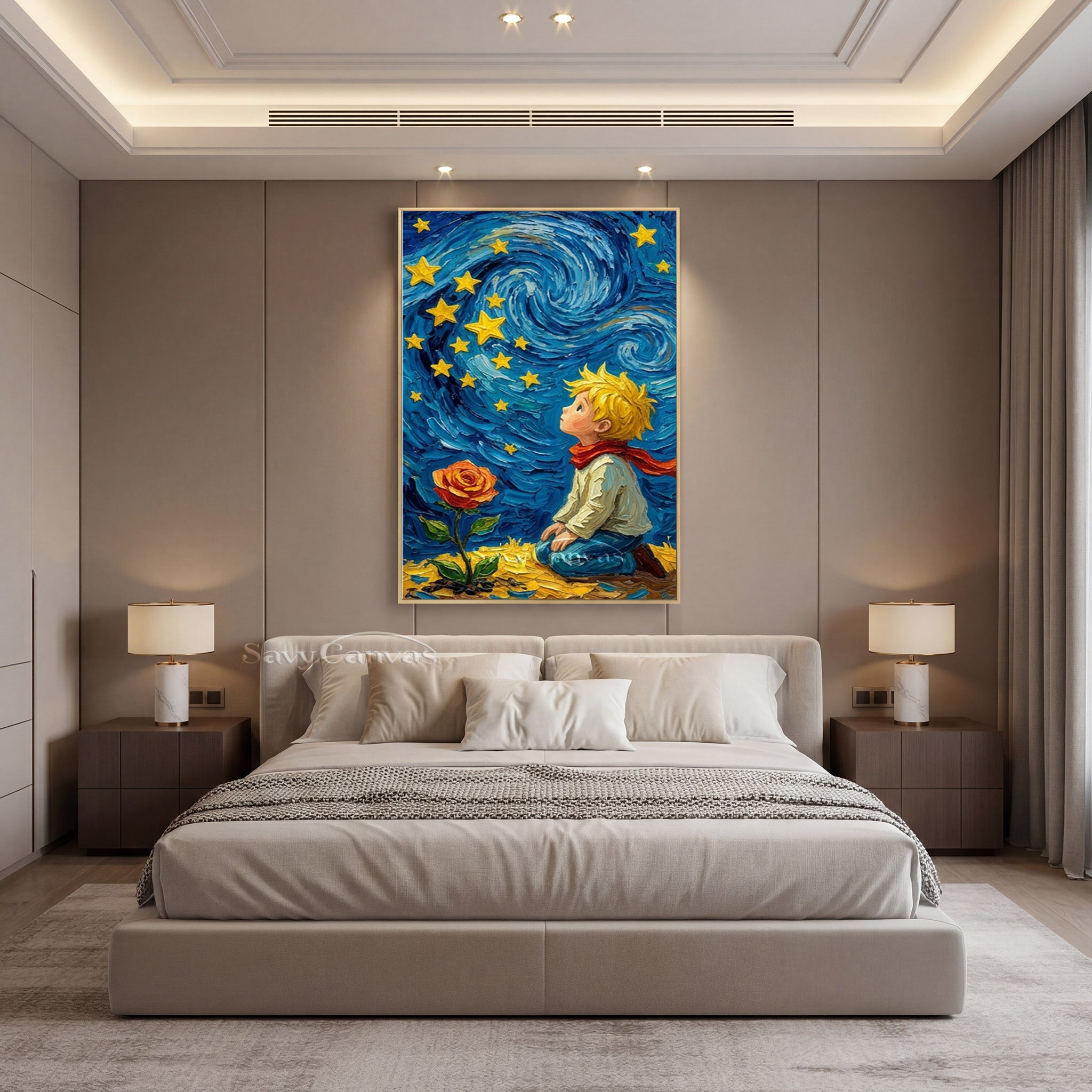 The Little Prince & Starry Night Textured Impasto Oil Painting #SS 174