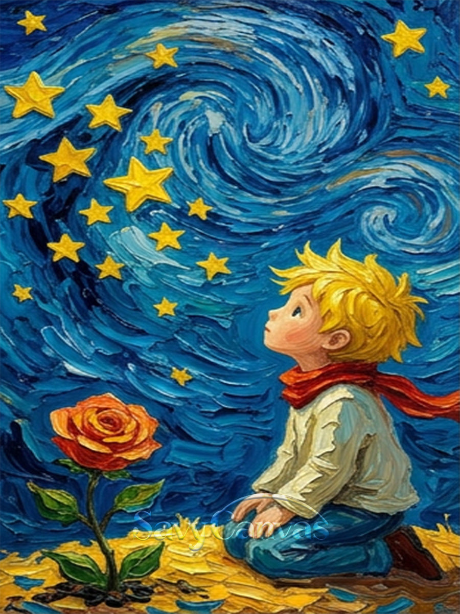 The Little Prince & Starry Night Textured Impasto Oil Painting #SS 174