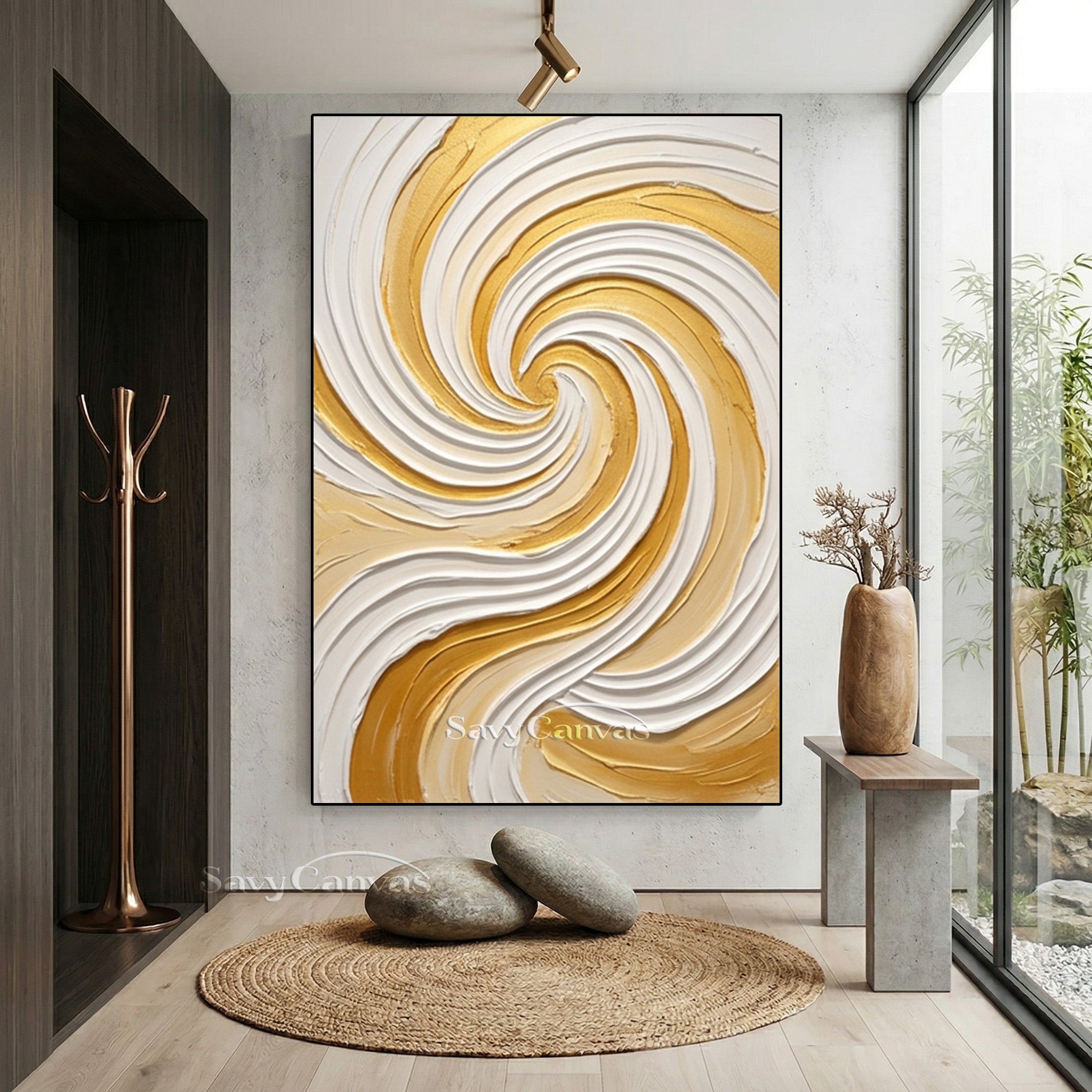 Modern Gold & White Spiral Textured Canvas Art | Handmade Wall Decor #SS 175
