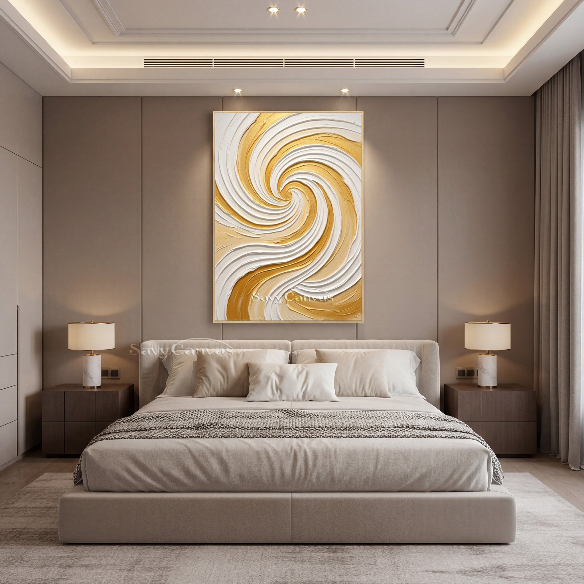 Modern Gold & White Spiral Textured Canvas Art | Handmade Wall Decor #SS 175