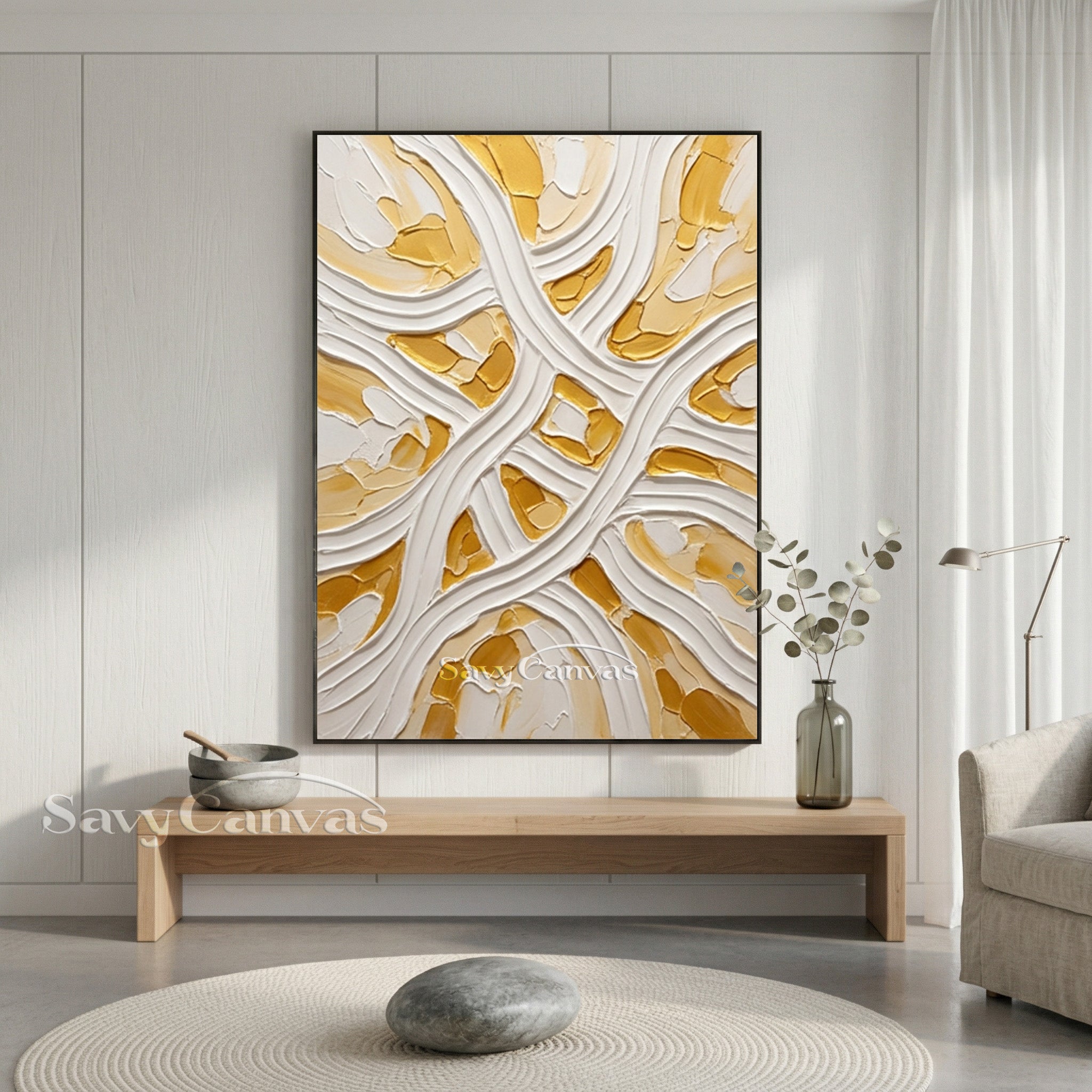 Minimalist White & Gold Flowing Line 3D Texture Wall Painting #SS 177