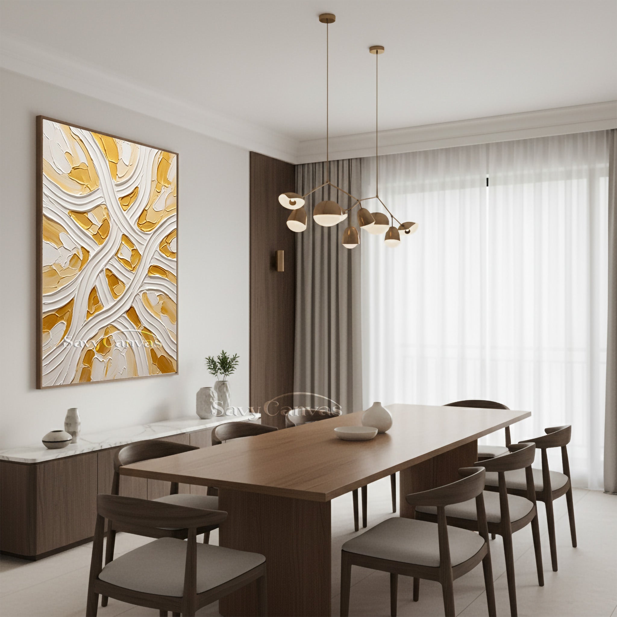 Minimalist White & Gold Flowing Line 3D Texture Wall Painting #SS 177