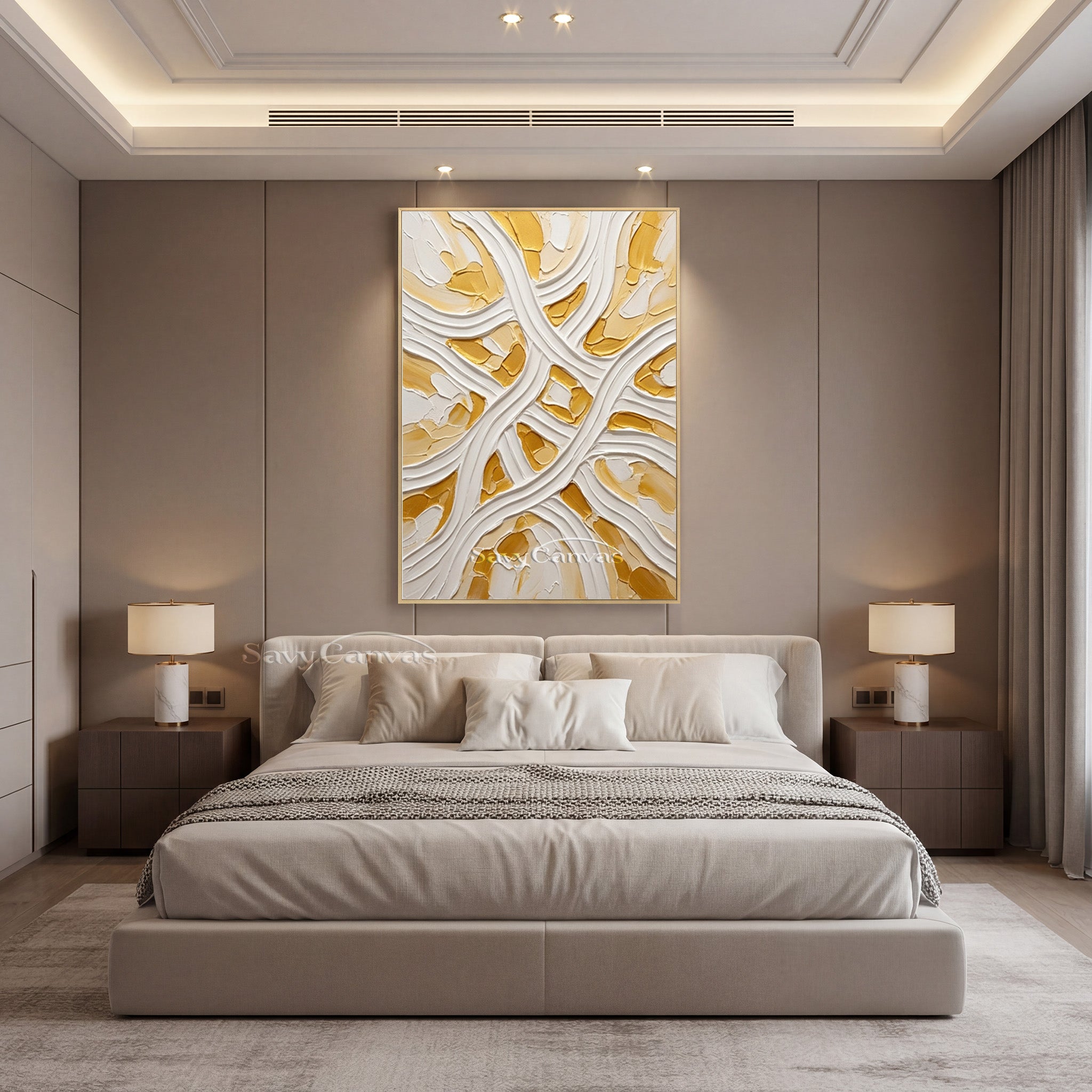 Minimalist White & Gold Flowing Line 3D Texture Wall Painting #SS 177