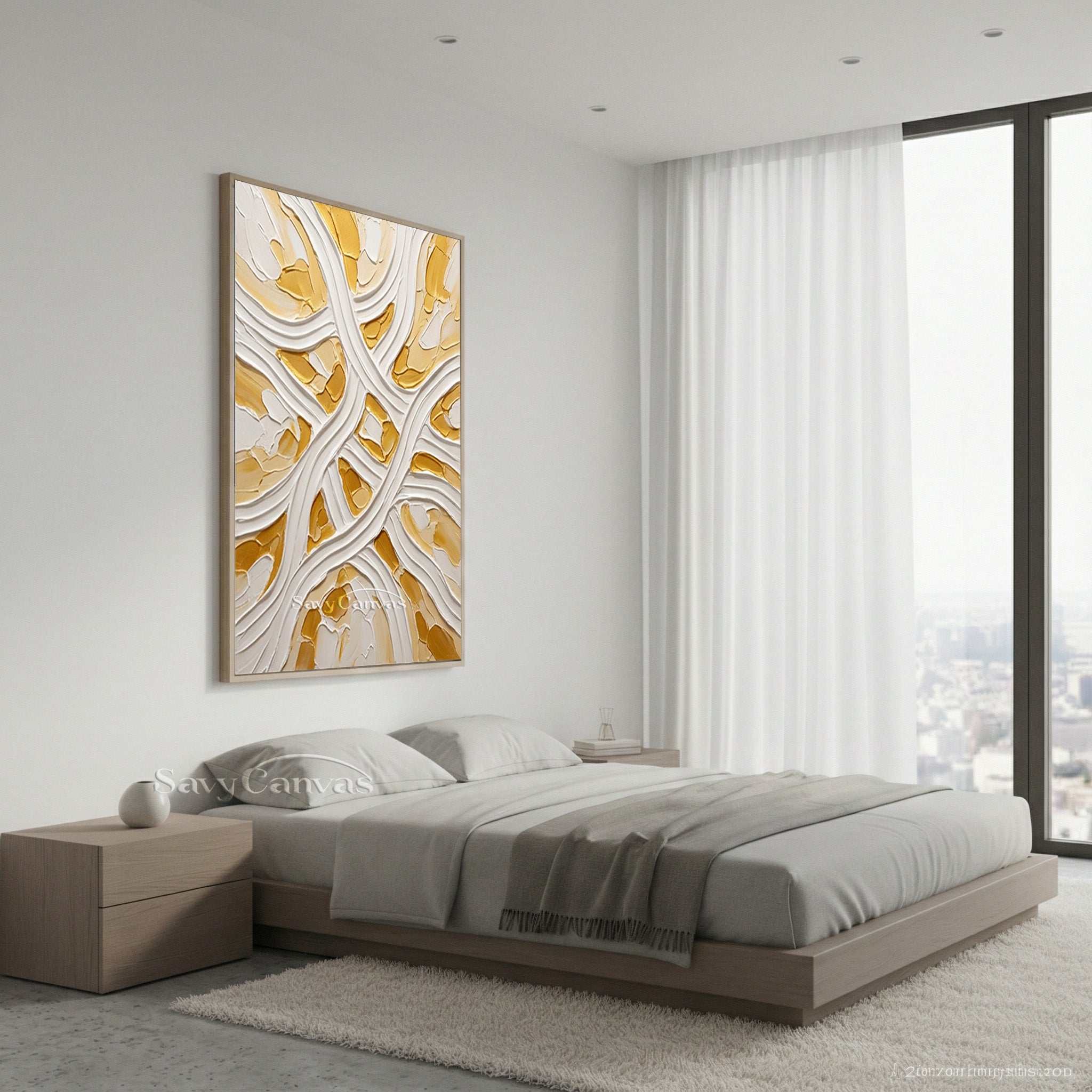 Minimalist White & Gold Flowing Line 3D Texture Wall Painting #SS 177