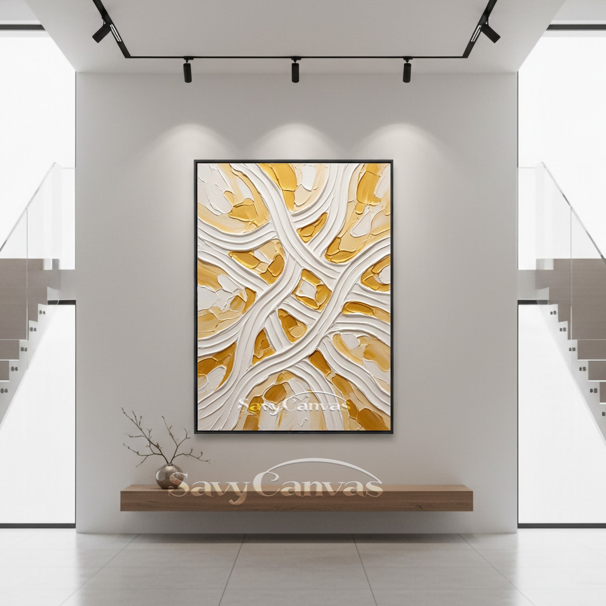 Minimalist White & Gold Flowing Line 3D Texture Wall Painting #SS 177