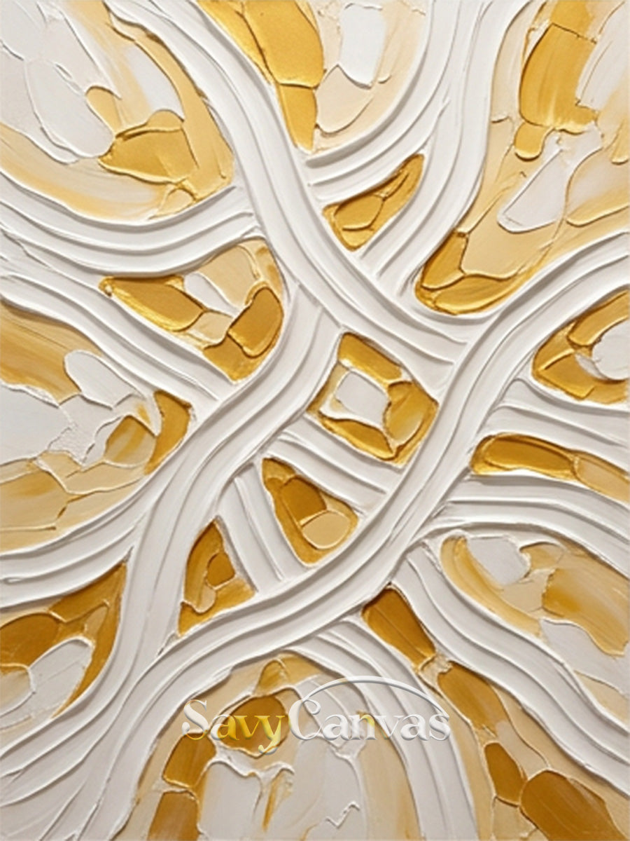 Minimalist White & Gold Flowing Line 3D Texture Wall Painting #SS 177
