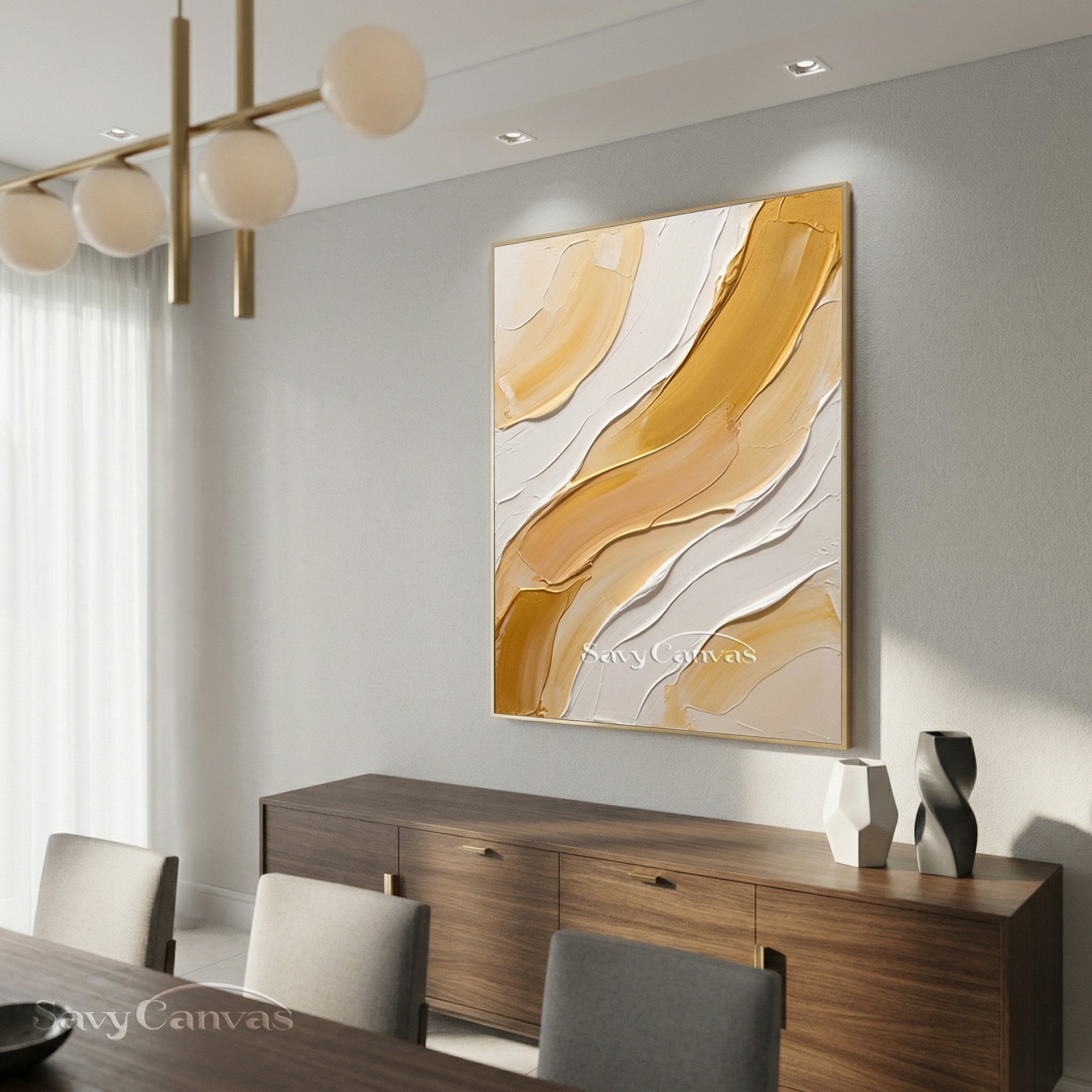 Modern Gold & White Impasto Palette Knife Abstract Wall Art #SS 178