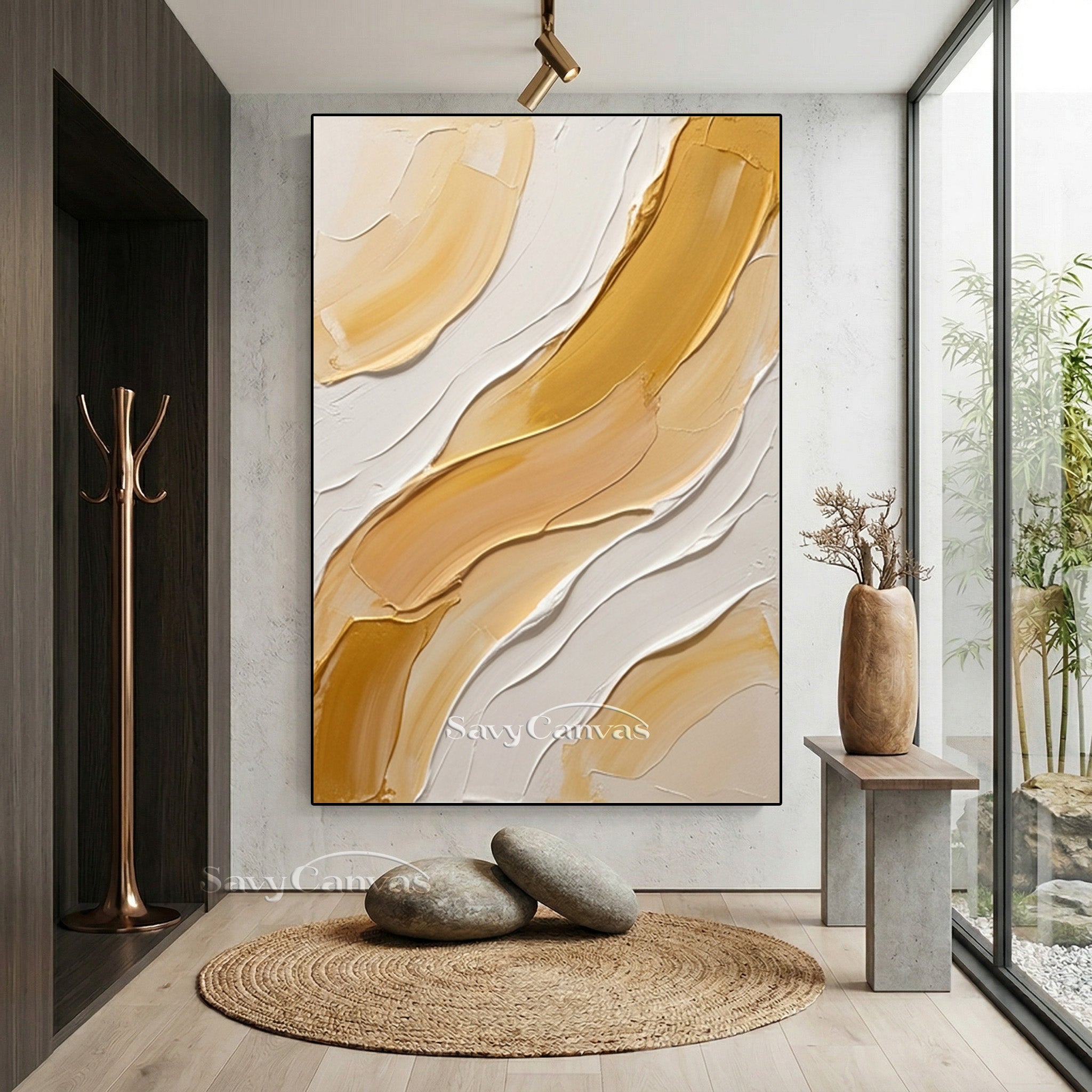 Modern Gold & White Impasto Palette Knife Abstract Wall Art #SS 178