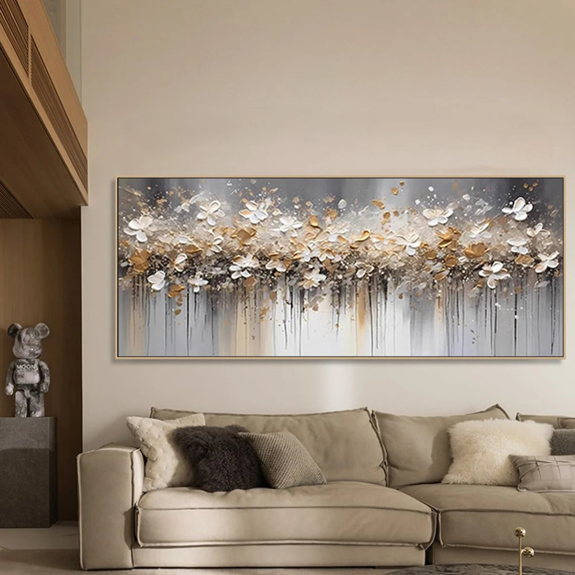 Textured Floral Abstract Oil Art - Gold Beige with Dripping #JJ 021