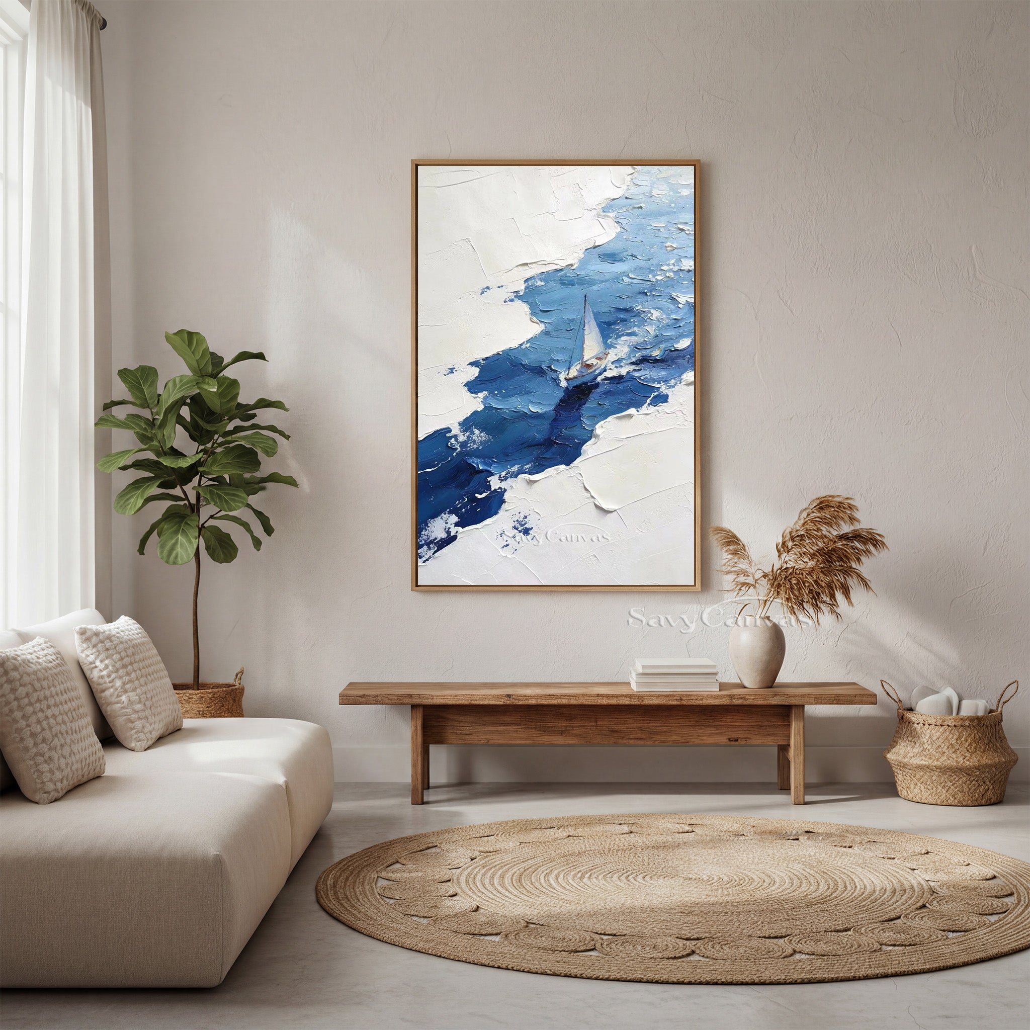 Textured White and Blue Abstract Sailboat Art | Hand-painted Oil #SS 004