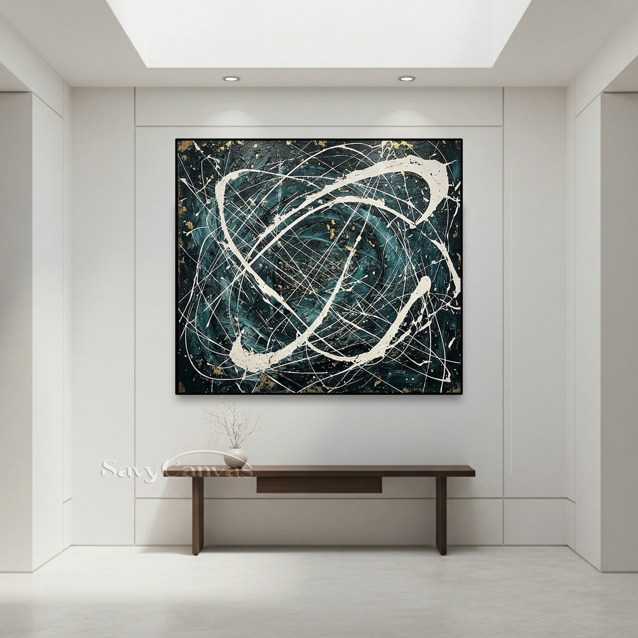 Luxury Teal and Gold Abstract Painting Ink Splatter Decor #JJ 450