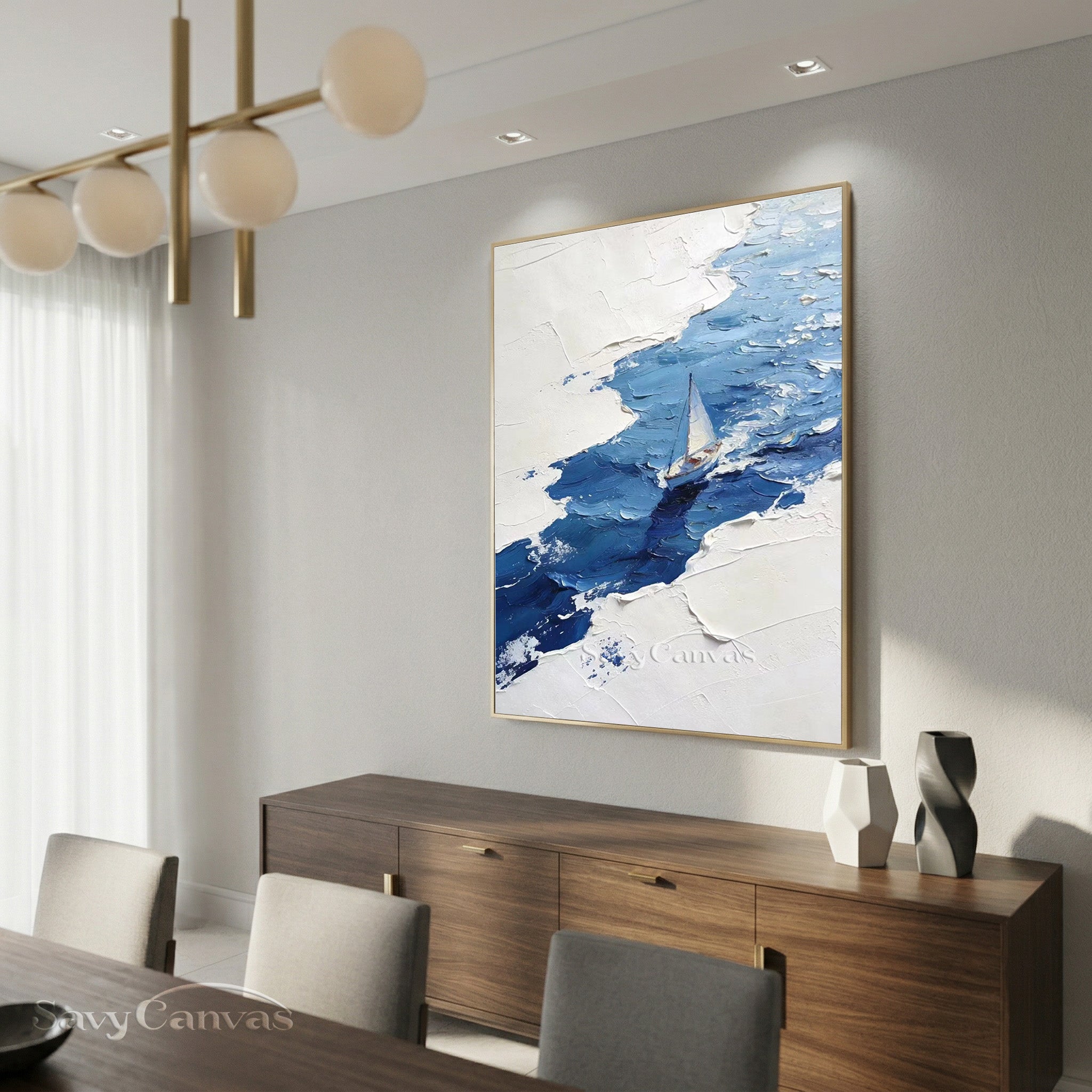 Textured White and Blue Abstract Sailboat Art | Hand-painted Oil #SS 004