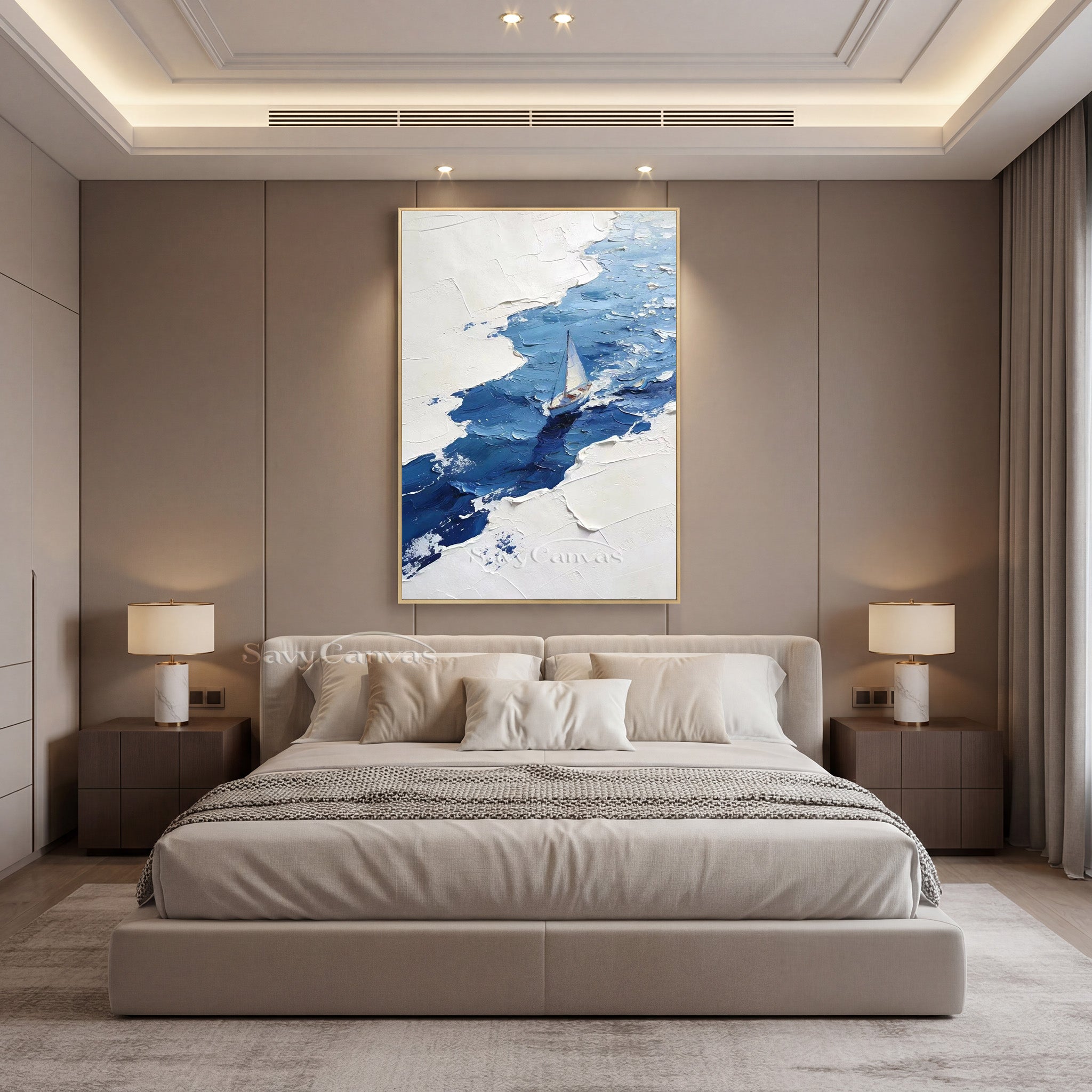 Textured White and Blue Abstract Sailboat Art | Hand-painted Oil #SS 004