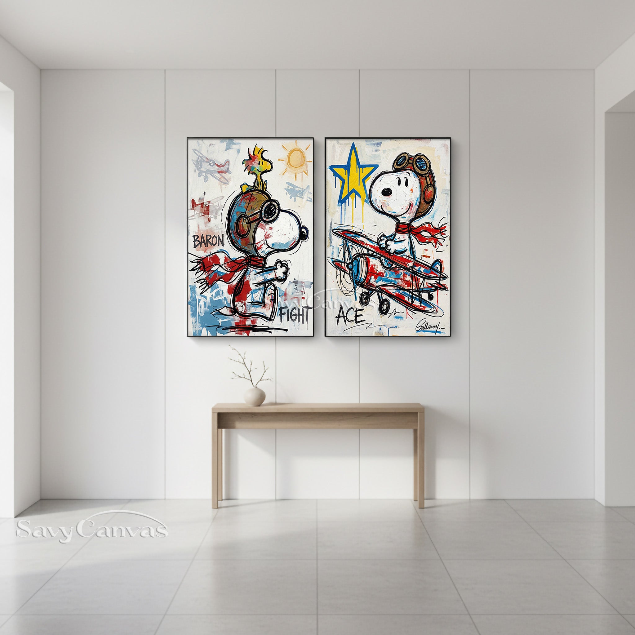 Snoopy Flying Ace Graffiti Oil Painting - 2 Piece Canvas Wall Art #SS