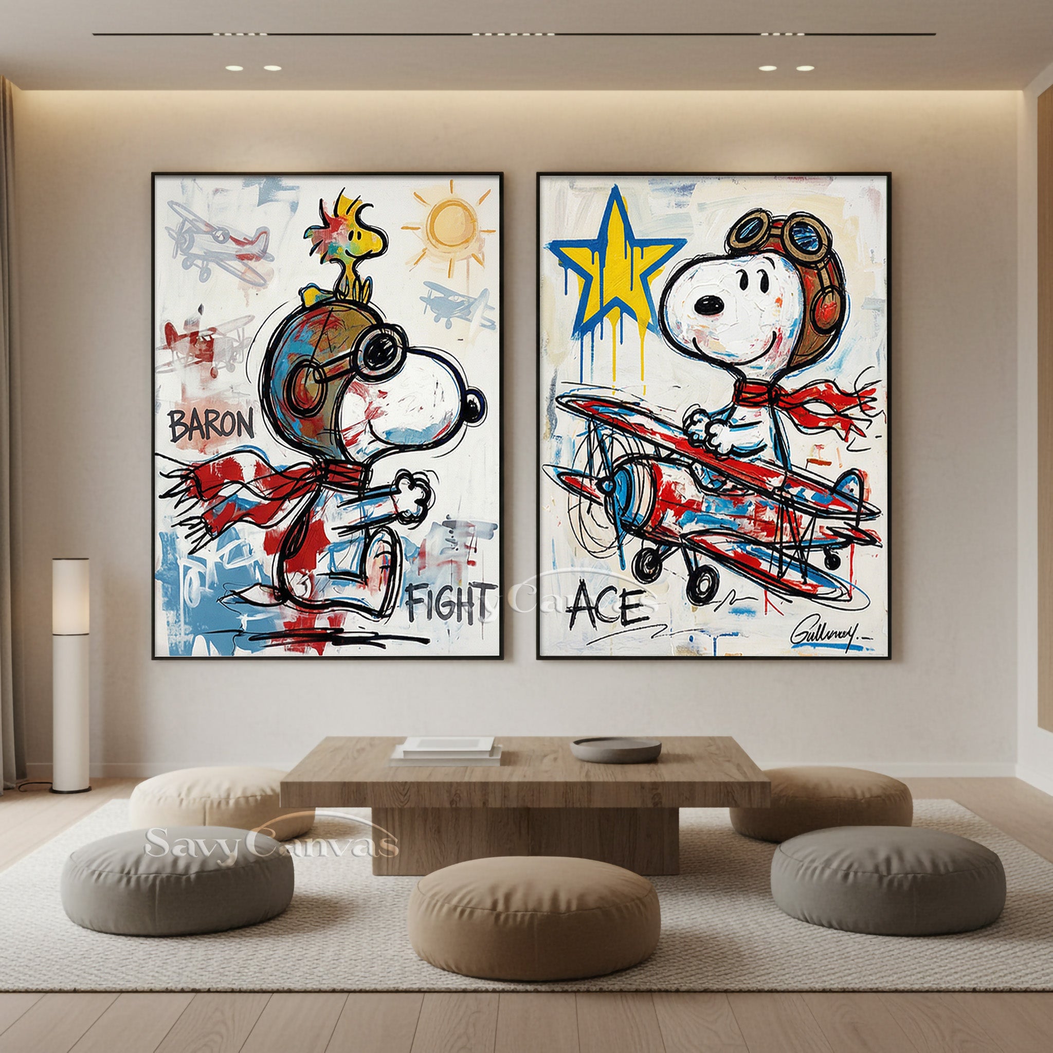 Snoopy Flying Ace Graffiti Oil Painting - 2 Piece Canvas Wall Art #SS