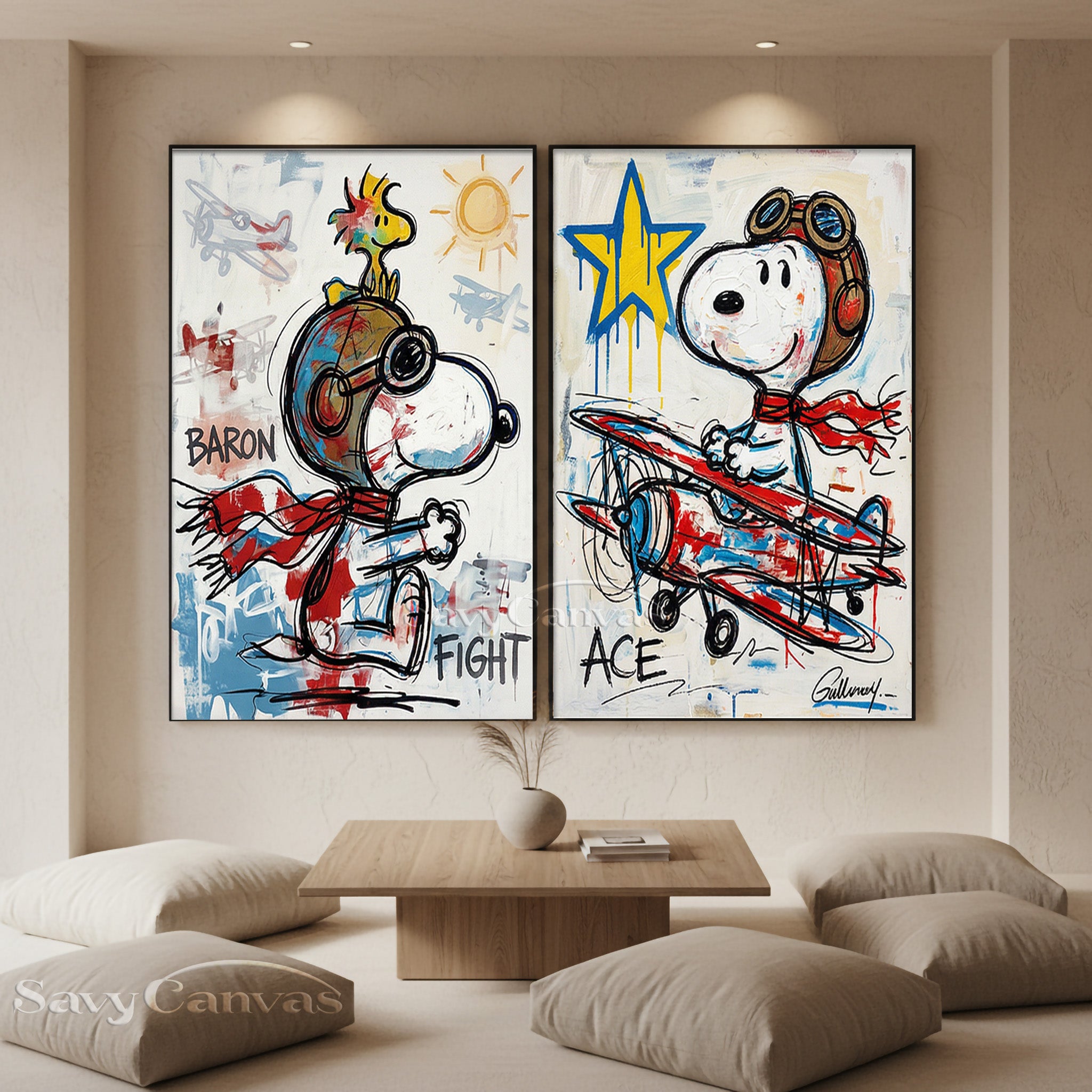 Snoopy Flying Ace Graffiti Oil Painting - 2 Piece Canvas Wall Art #SS