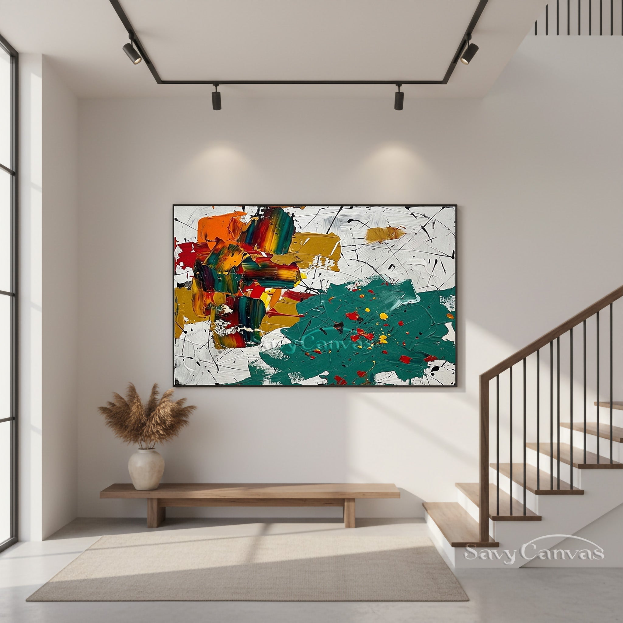 A striking modern abstract paint splatter canvas featuring dynamic brush strokes and vibrant colors.