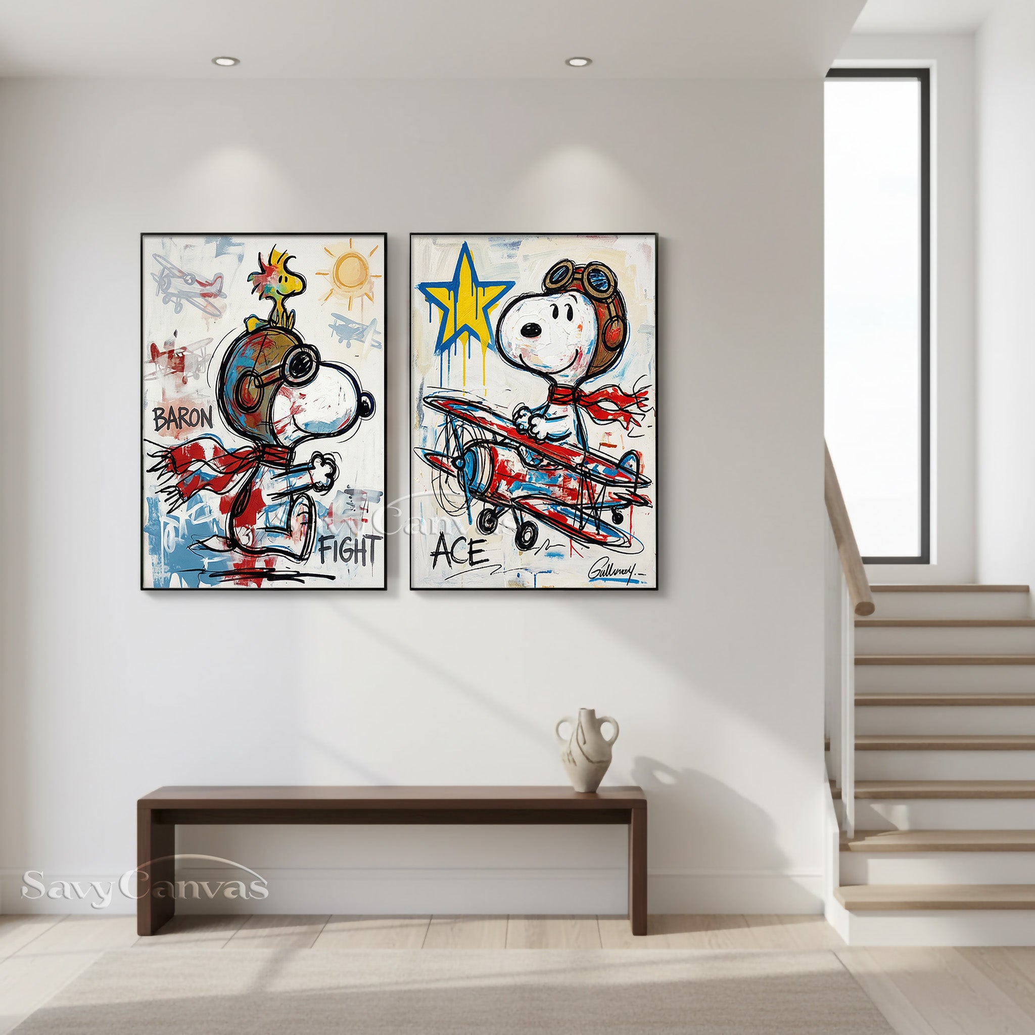 Snoopy Flying Ace Graffiti Oil Painting - 2 Piece Canvas Wall Art #SS 057