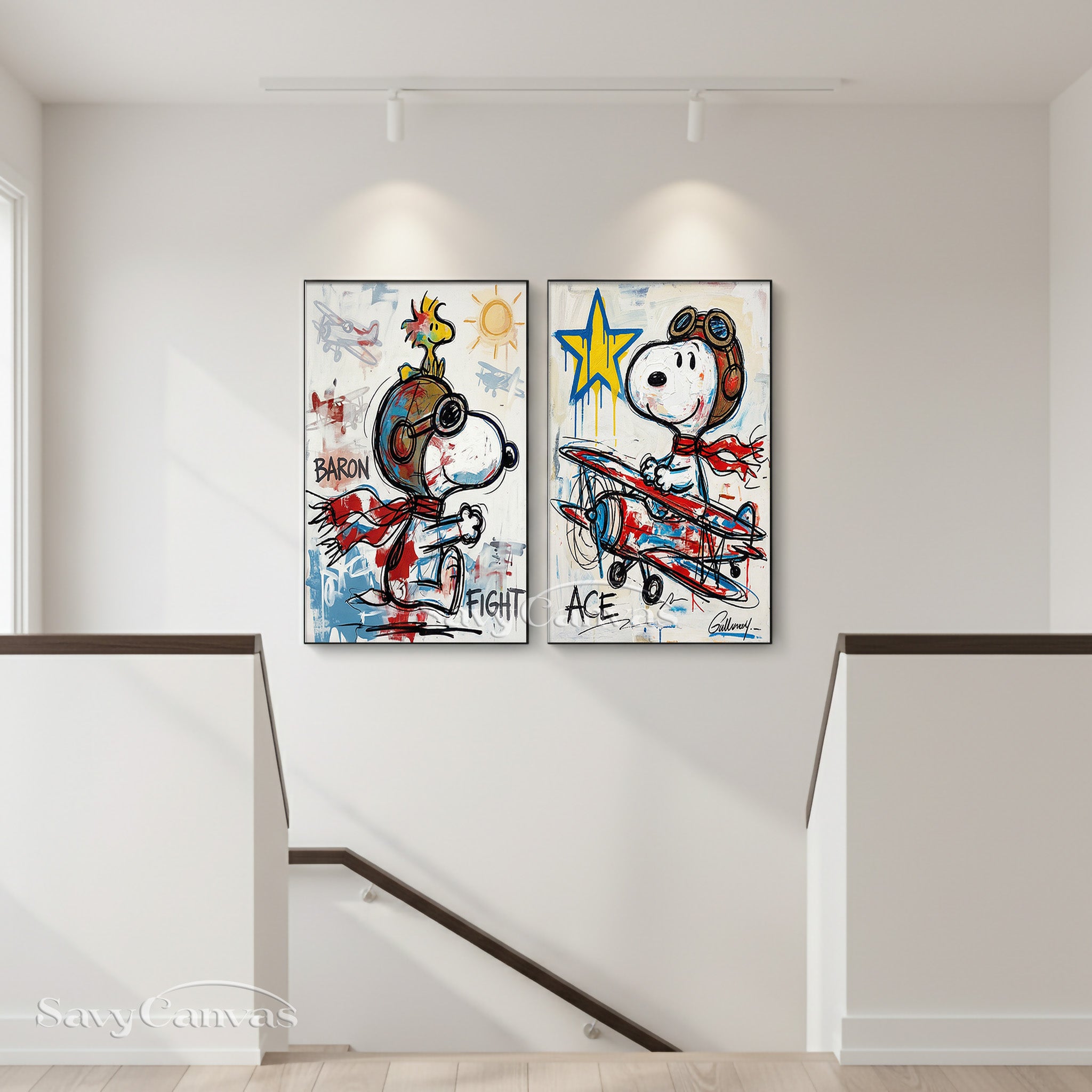 Snoopy Flying Ace Graffiti Oil Painting - 2 Piece Canvas Wall Art #SS