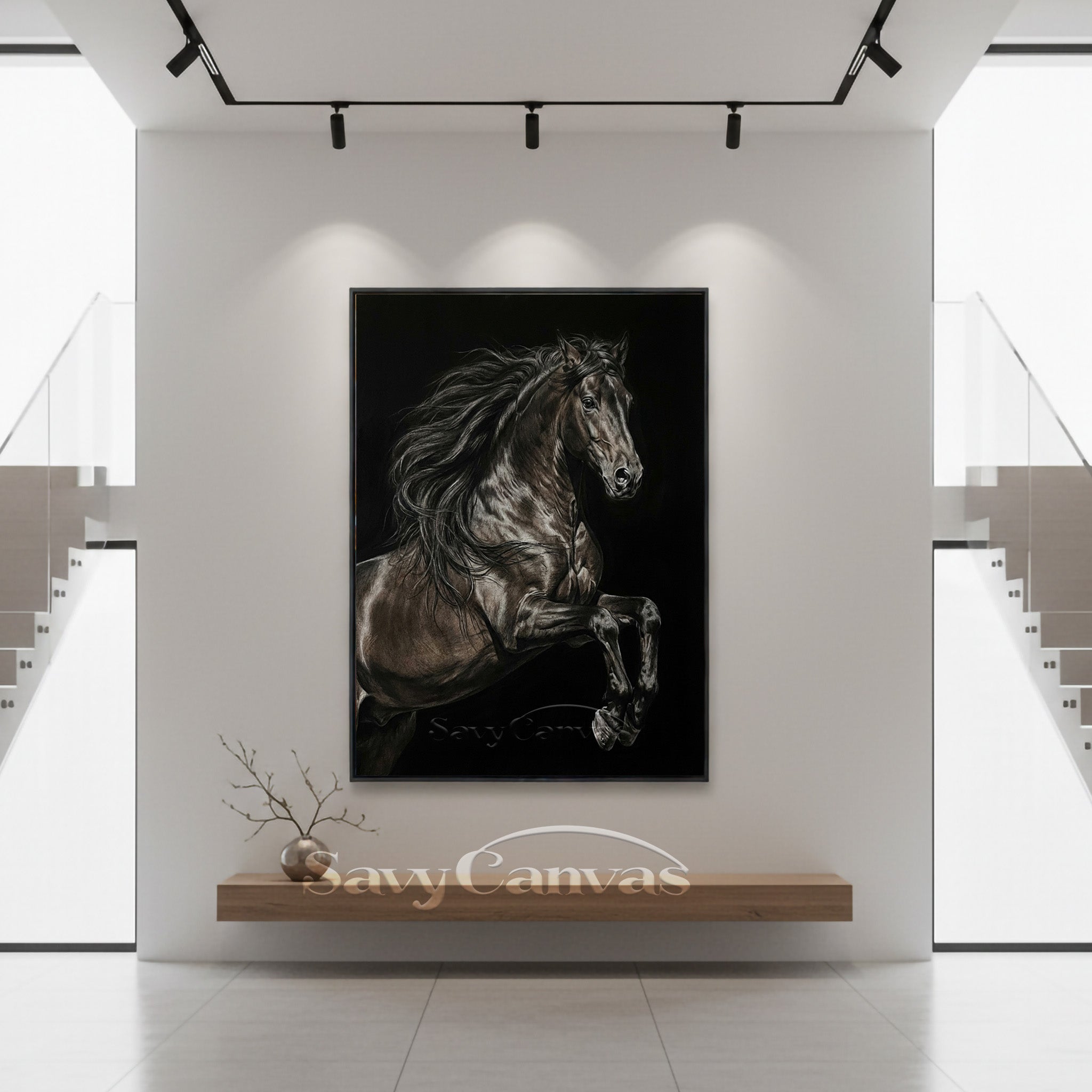 Hand-painted Black Rearing Horse Oil Painting on Canvas #SS 016
