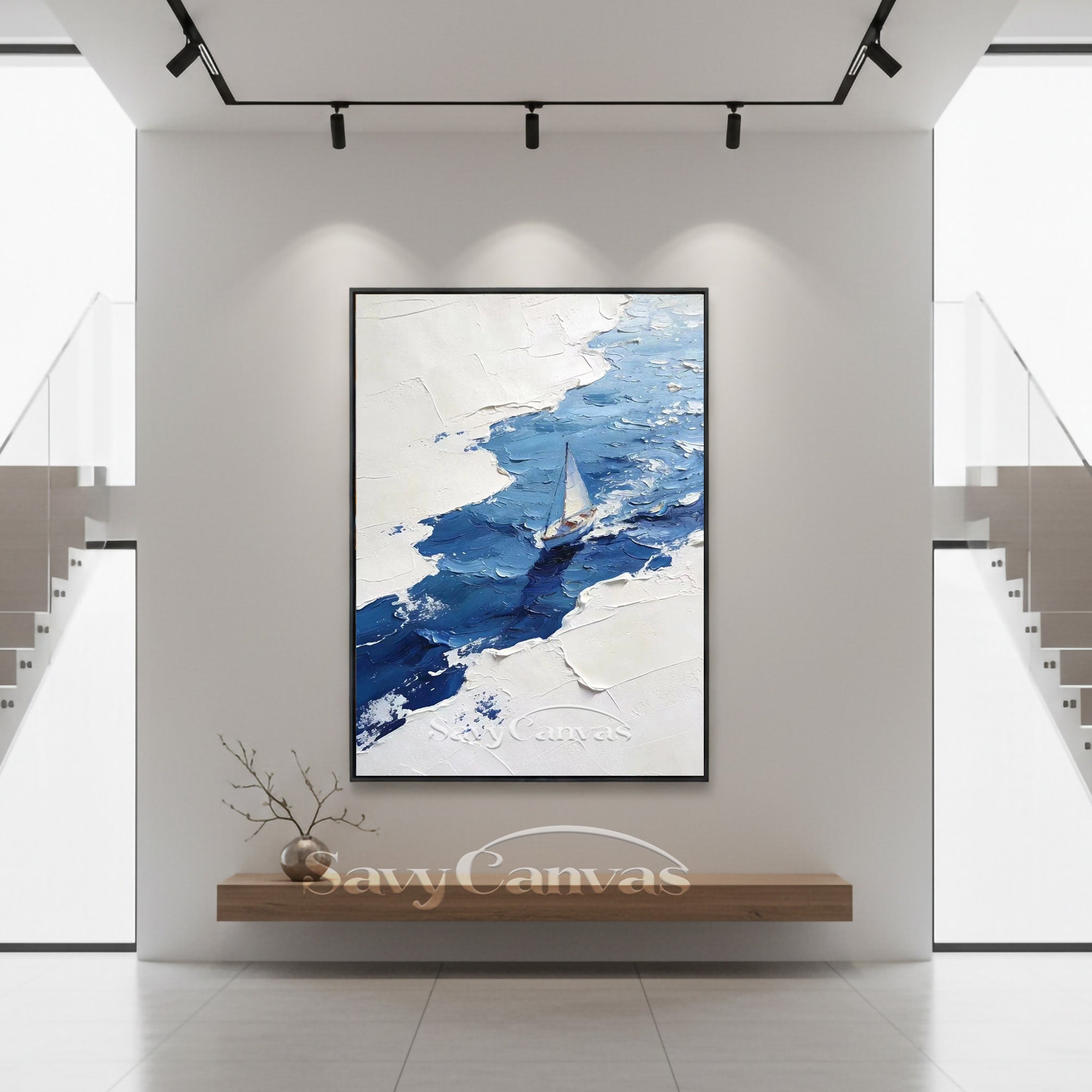 Textured White and Blue Abstract Sailboat Art | Hand-painted Oil #SS 004
