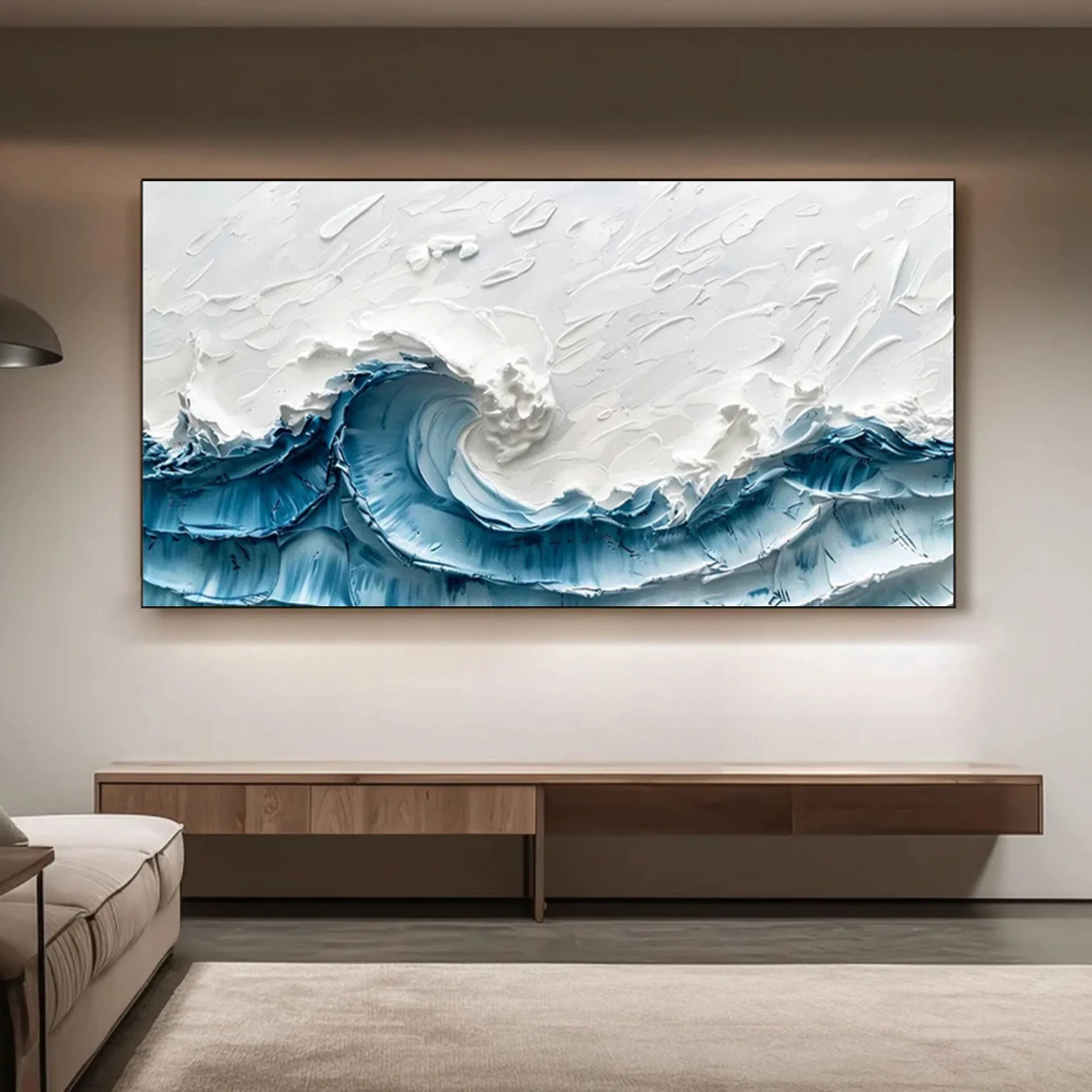 Wide Blue and White Textured Wave Abstract Art - Modern Dynamic Ocean Decor Painting