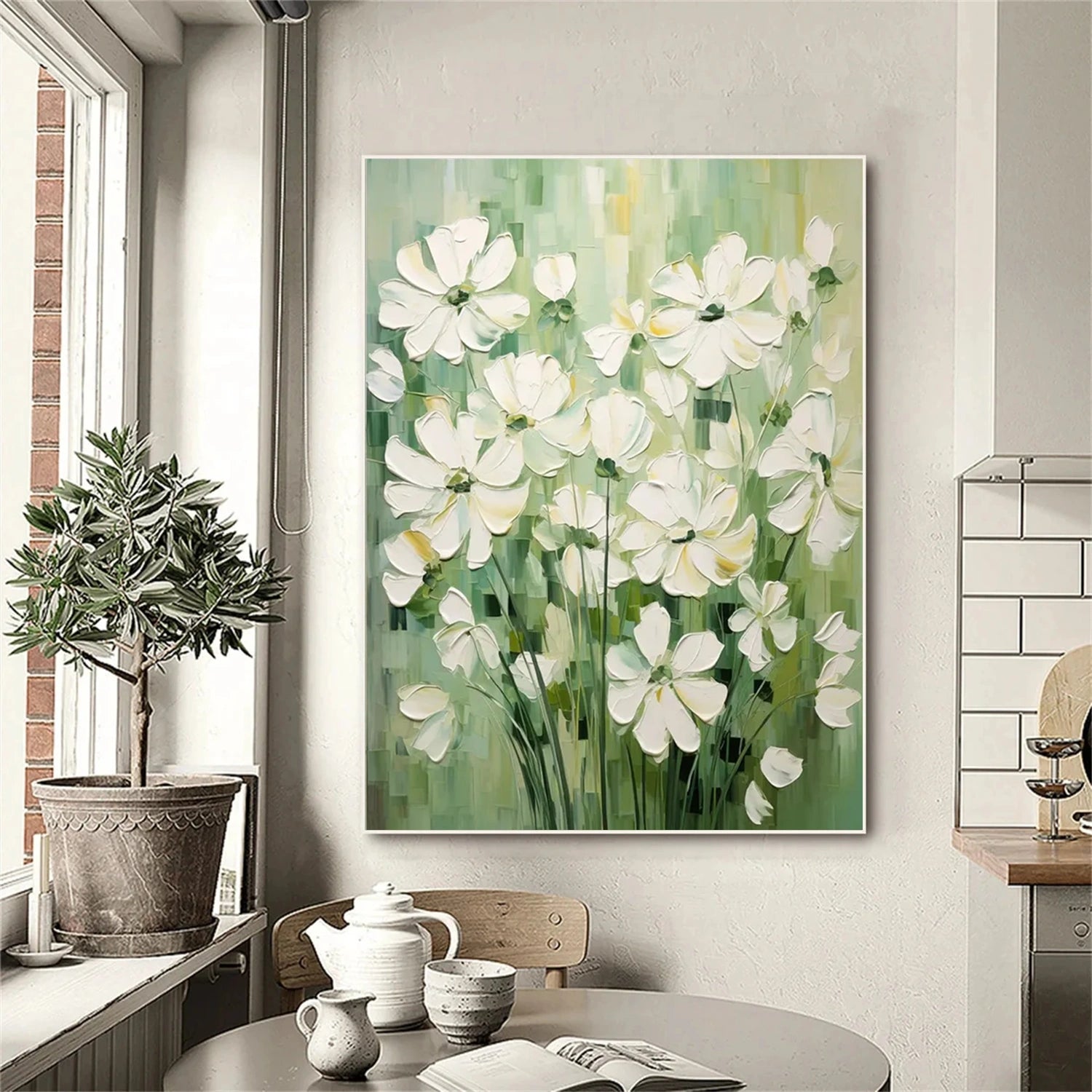 油絵アート（green flower） Vertical White Flower Field Art | Green Abstract Oil #JJ 306