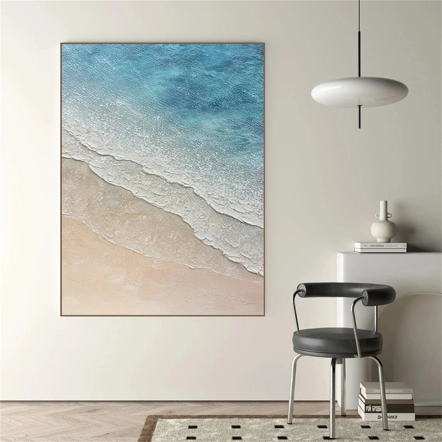 Blue White Beige Textured Beach Abstract Oil Painting - Modern Serene Art