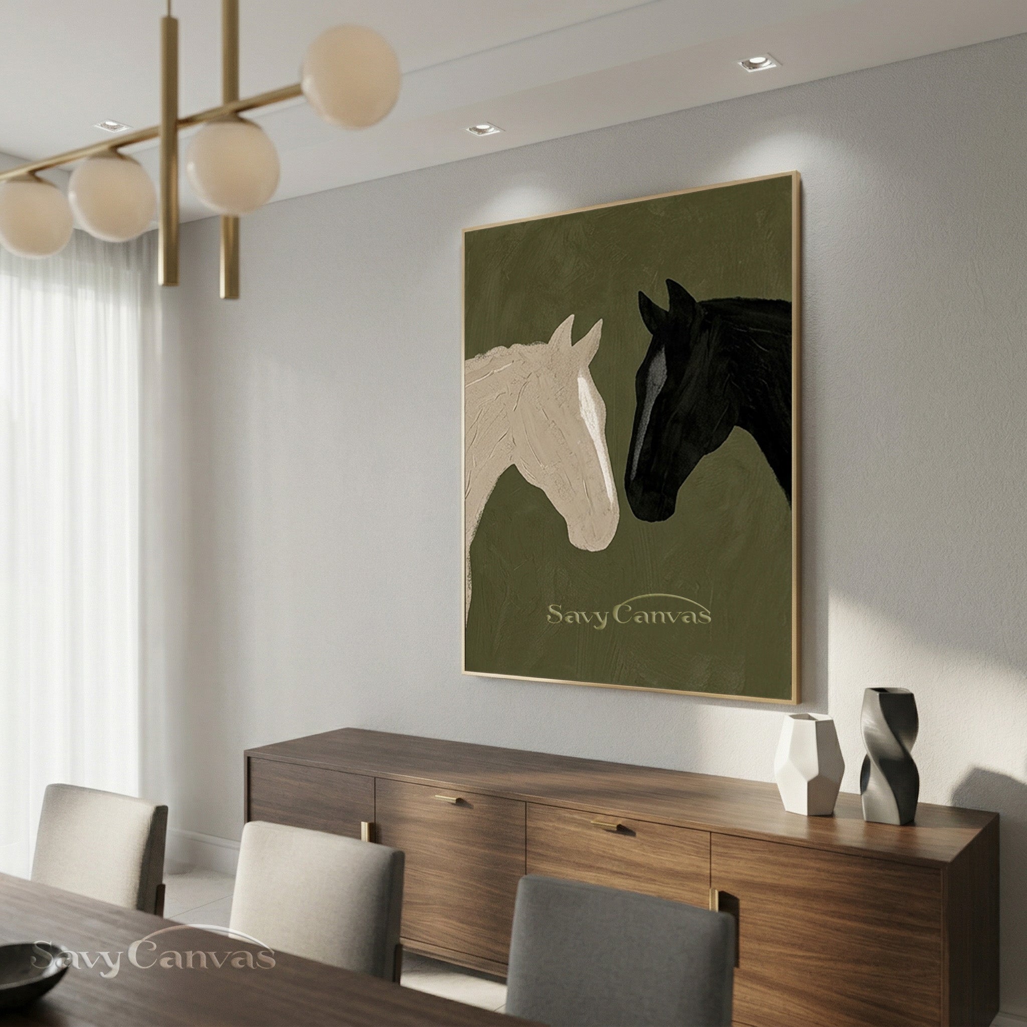 Abstract Two Horses Oil Painting | Modern Black and White Art #SS 185