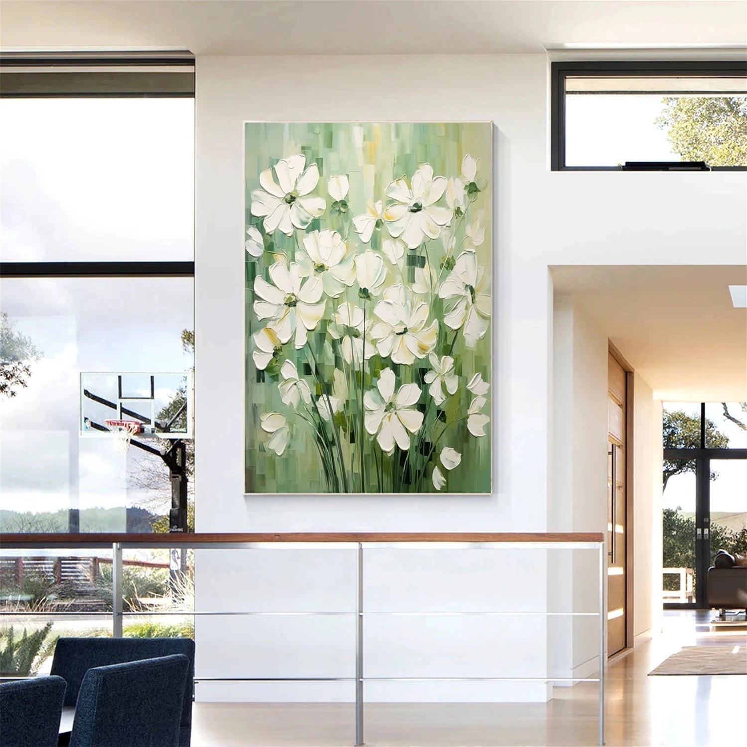 Vertical White Flower Field Art | Green Abstract Oil #JJ 306