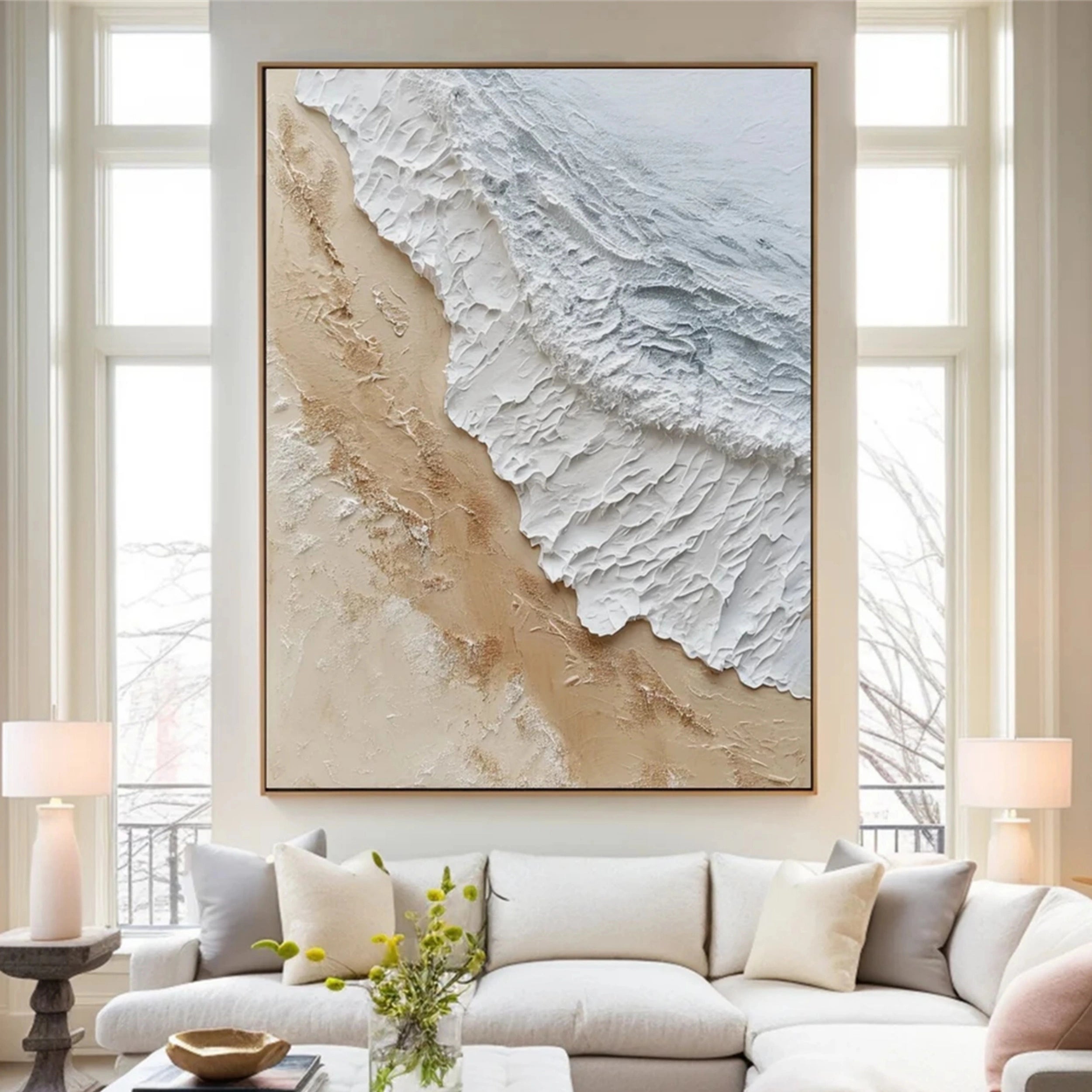 Large Textured Beach Wall Art | Vertical Neutral Coastal Canvas #ZZ 06