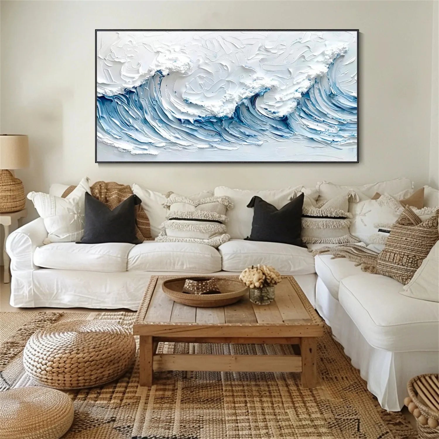  Large Horizontal Powerful Wave Abstract - Blue and White Textured Ocean Oil Painting