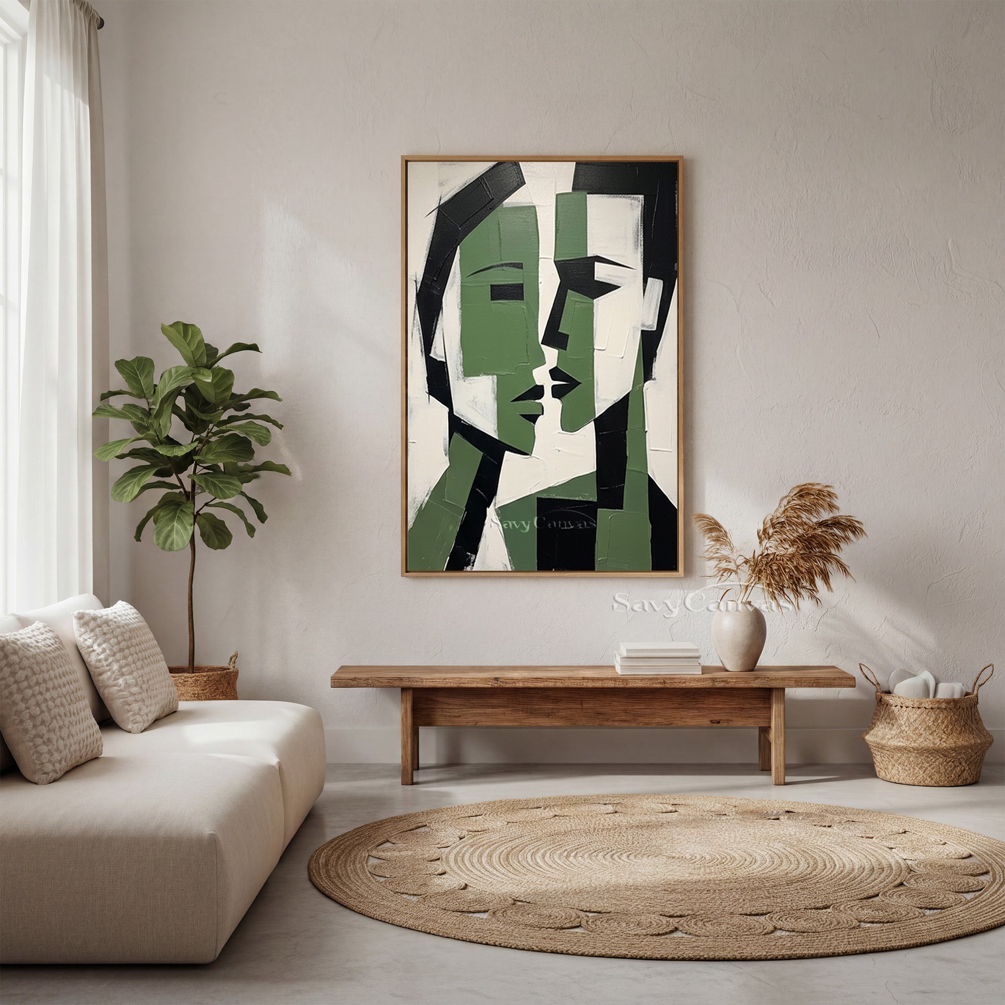 Cubist Style Lovers Face Art | Large Emerald Green Oil Painting #SS 188
