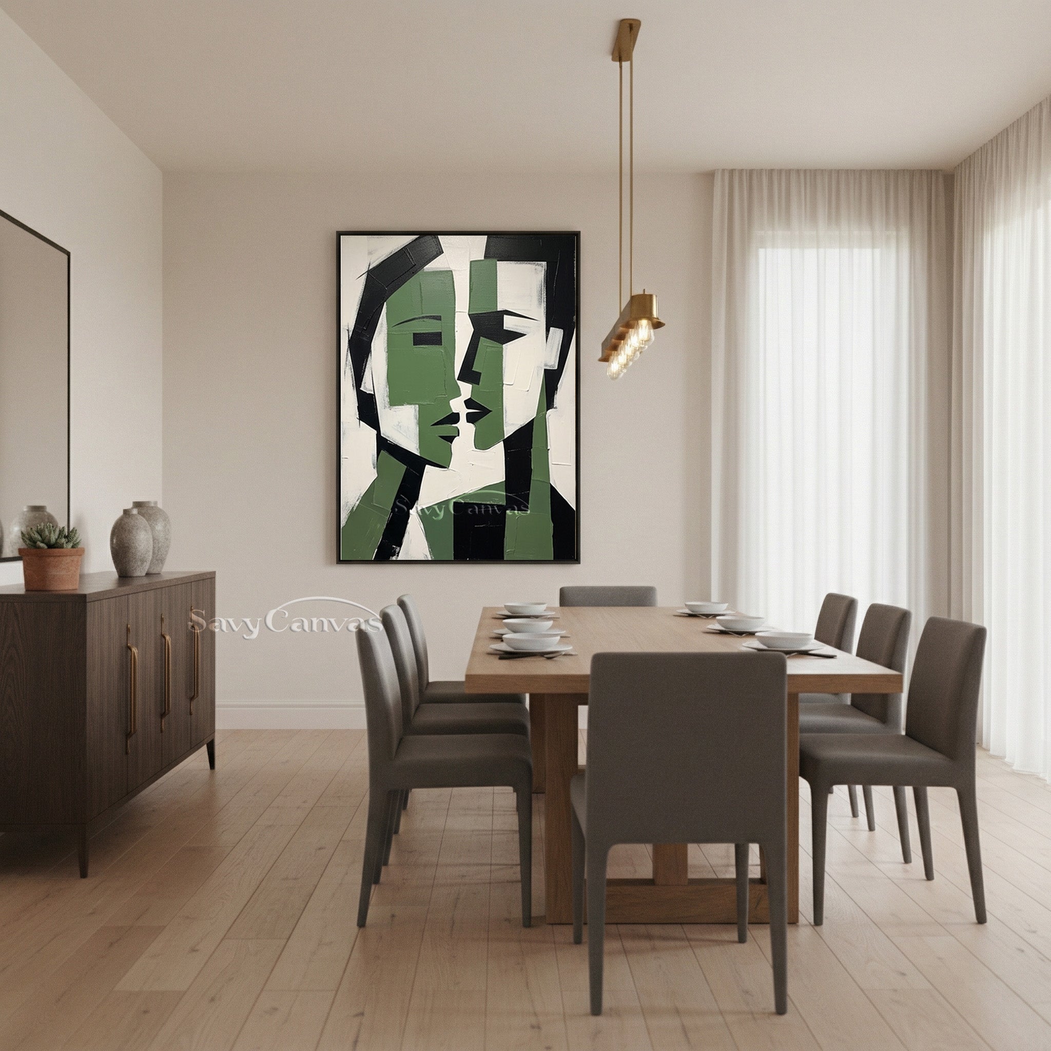 Cubist Style Lovers Face Art | Large Emerald Green Oil Painting #SS 188