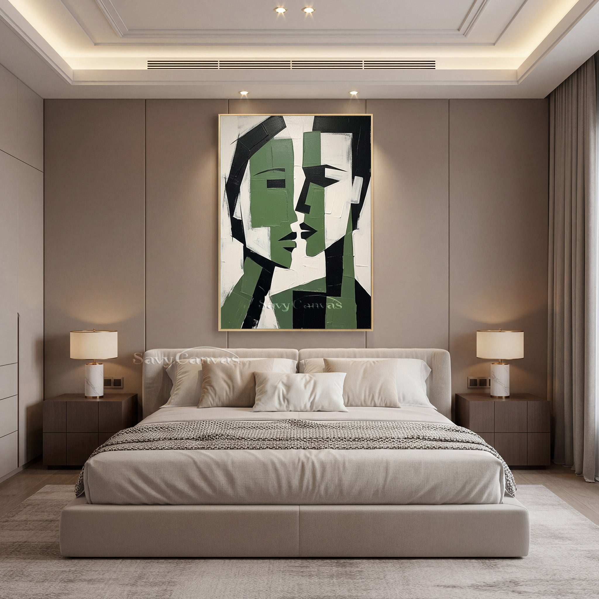 Cubist Style Lovers Face Art | Large Emerald Green Oil Painting #SS 188