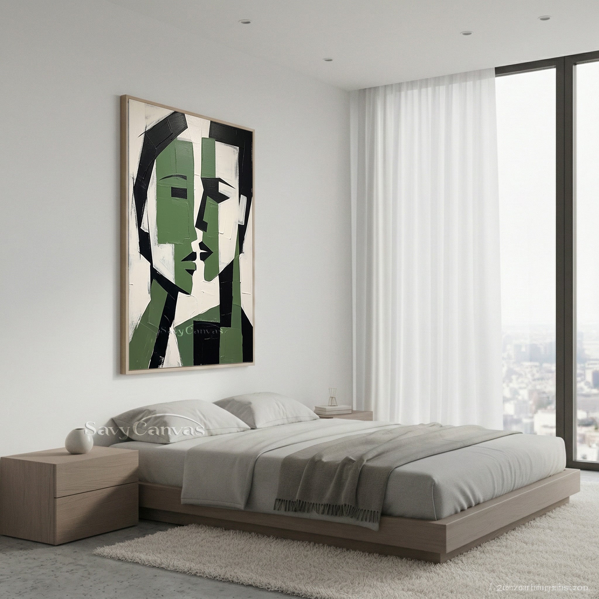 Cubist Style Lovers Face Art | Large Emerald Green Oil Painting #SS 188