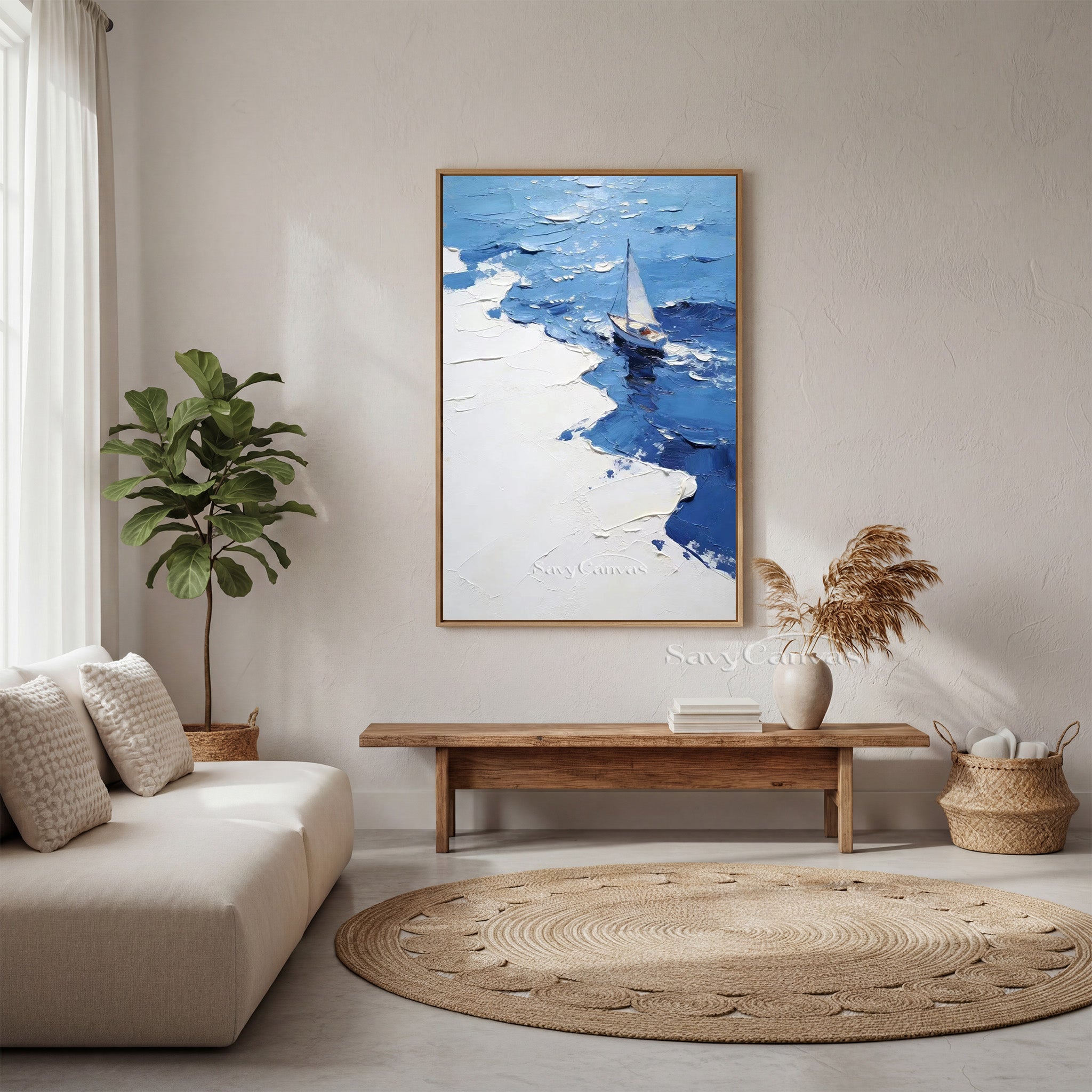 Modern Blue Ocean Sailboat Impasto Oil Painting on Canvas #SS 005