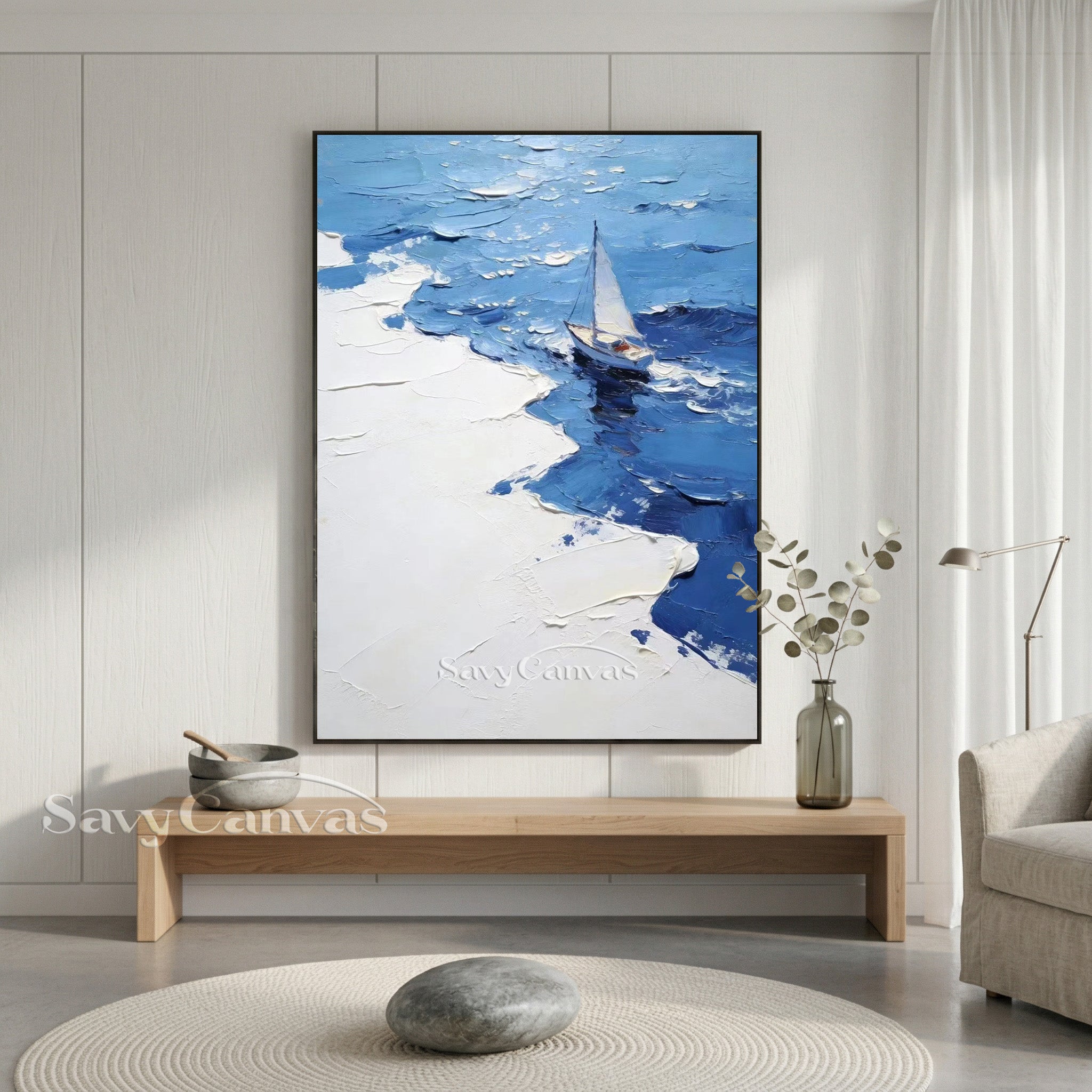 Modern Blue Ocean Sailboat Impasto Oil Painting on Canvas #SS 005