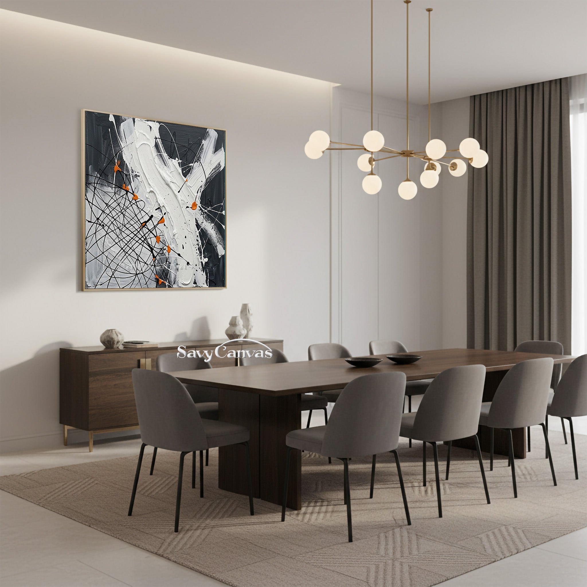 Modern Abstract Dining Room Wall Art | Hand-Painted Orange & Grey #JJ 451
