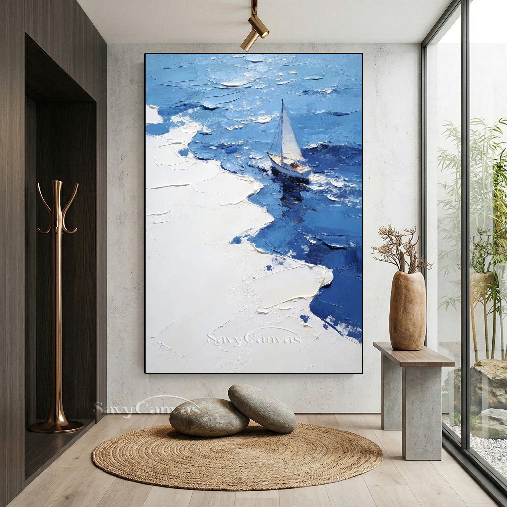 Modern Blue Ocean Sailboat Impasto Oil Painting on Canvas #SS 005