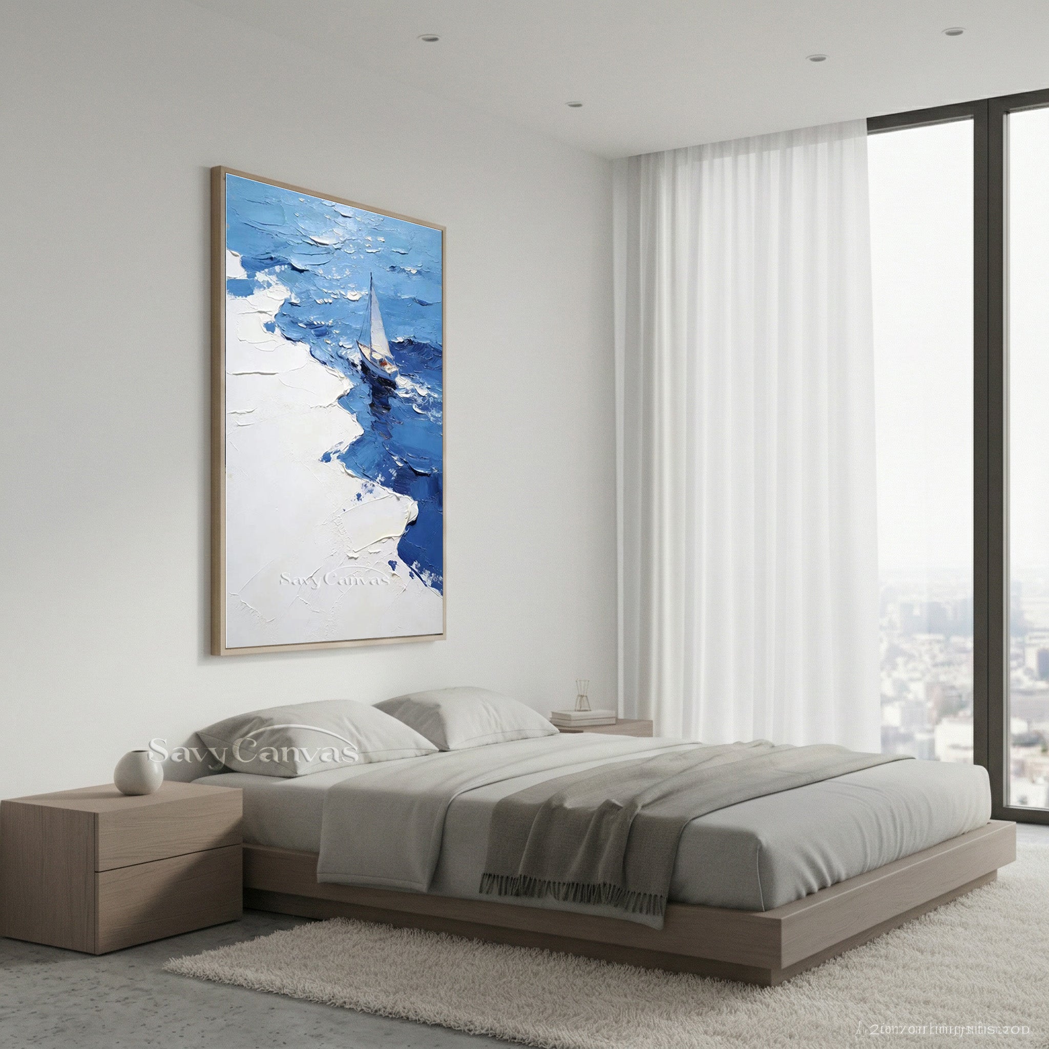 Modern Blue Ocean Sailboat Impasto Oil Painting on Canvas #SS 005