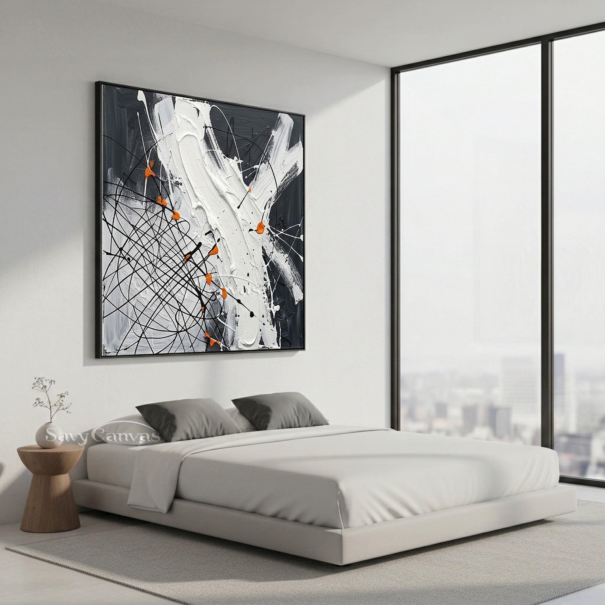 Modern Abstract Dining Room Wall Art | Hand-Painted Orange & Grey #JJ 451