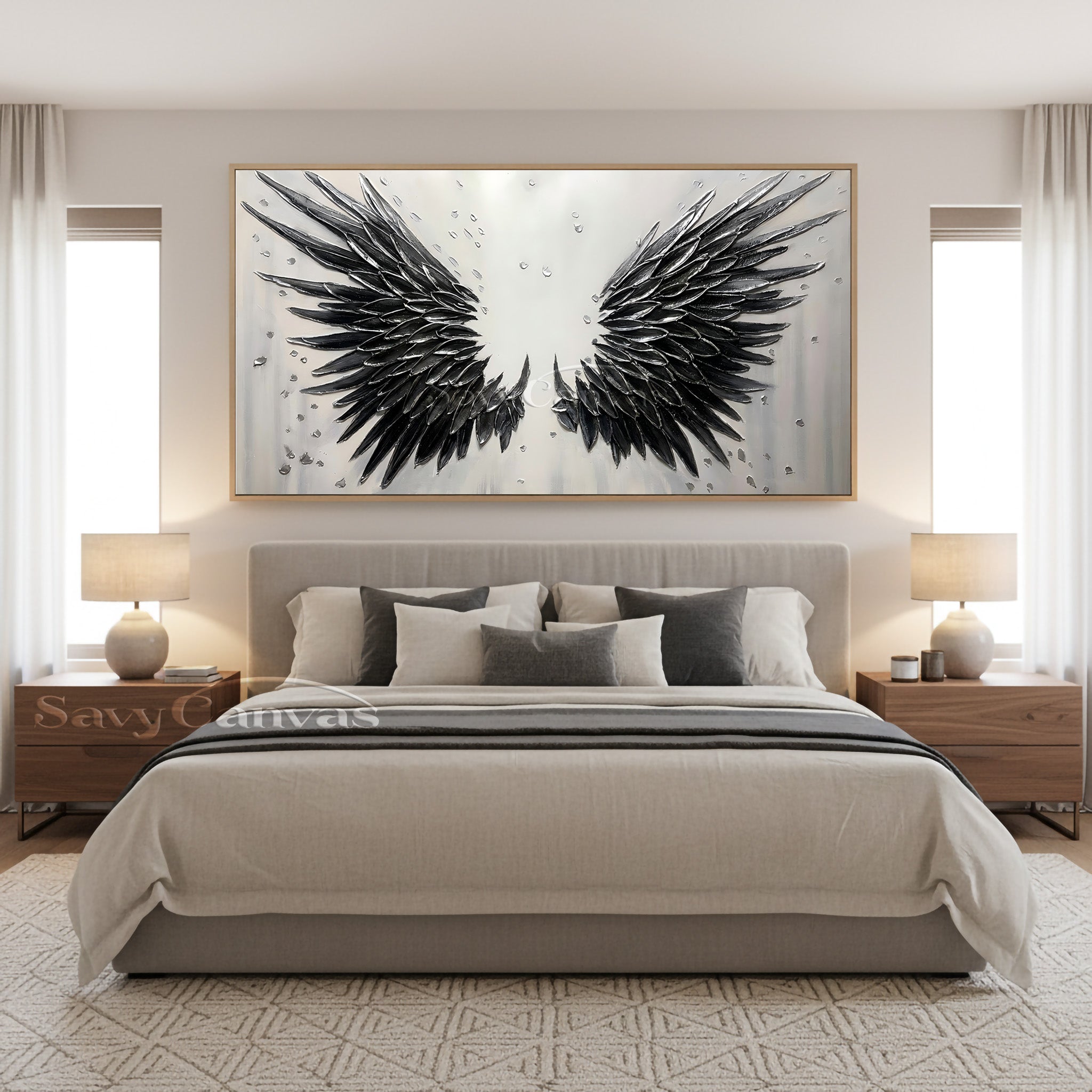3D Textured Black Angel Wings Hand-Painted Oil Painting #SS 027