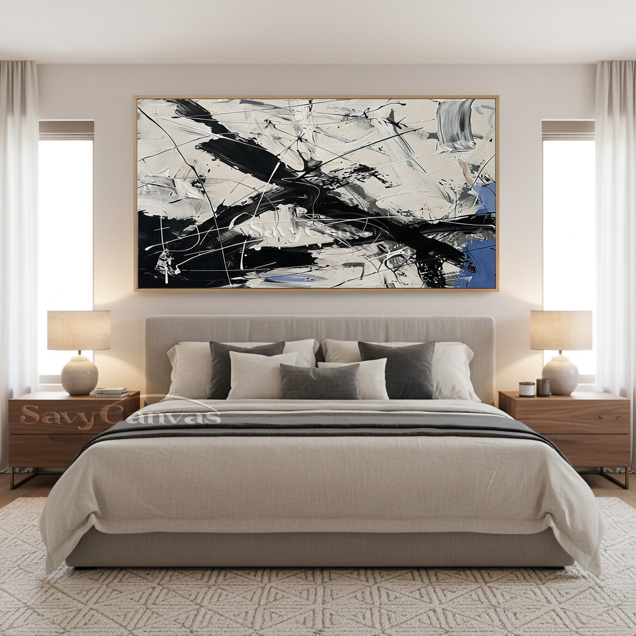 High-contrast black and white expressive splatter painting on canvas for modern interior wall decor.