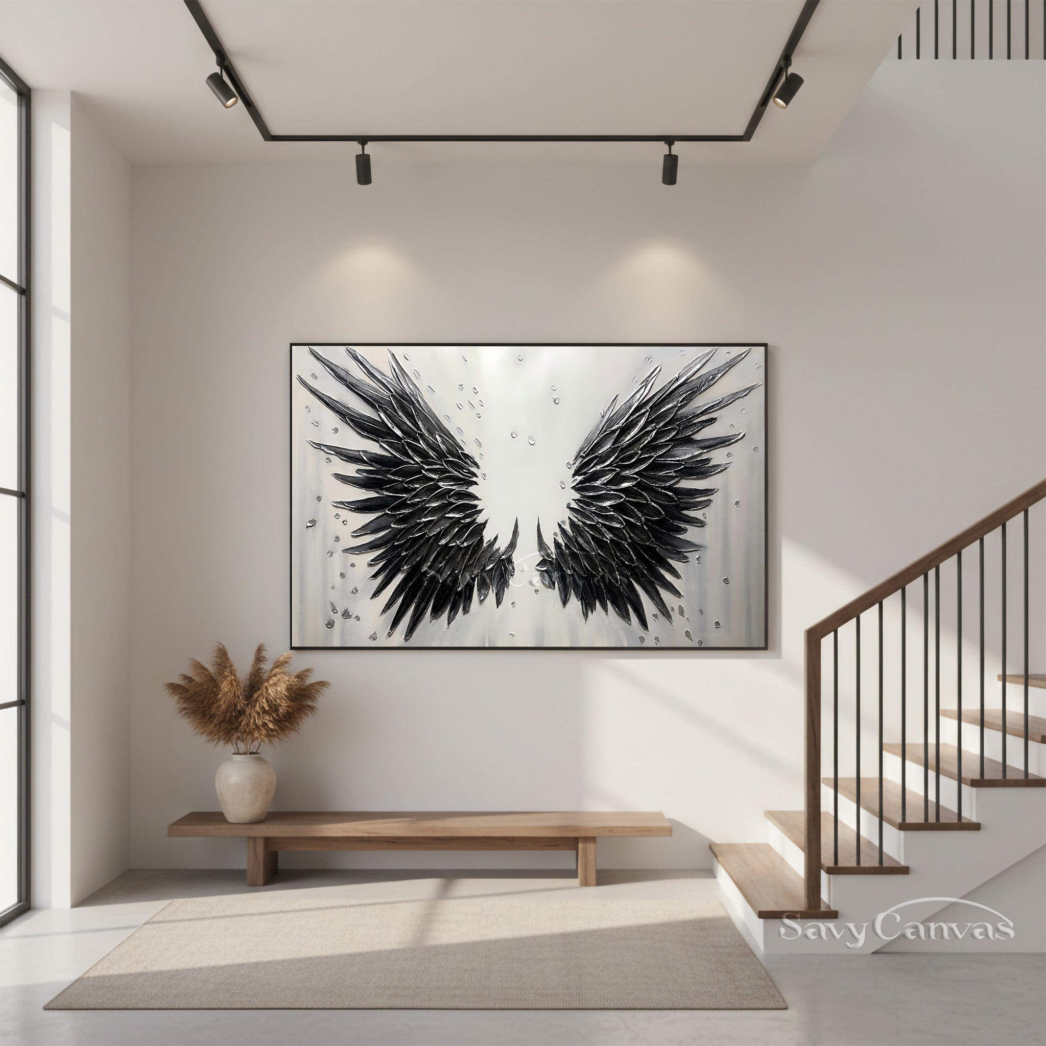 3D Textured Black Angel Wings Hand-Painted Oil Painting #SS 027